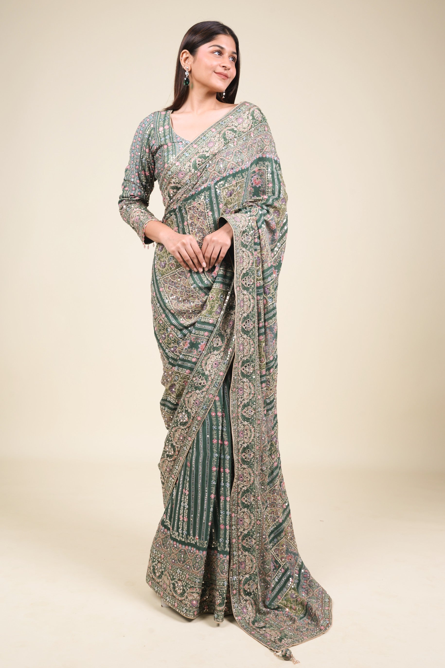 Emerald Green Soft Georgette Saree with Digital Print, Sequin & Mirror Highlights - Mokshaa