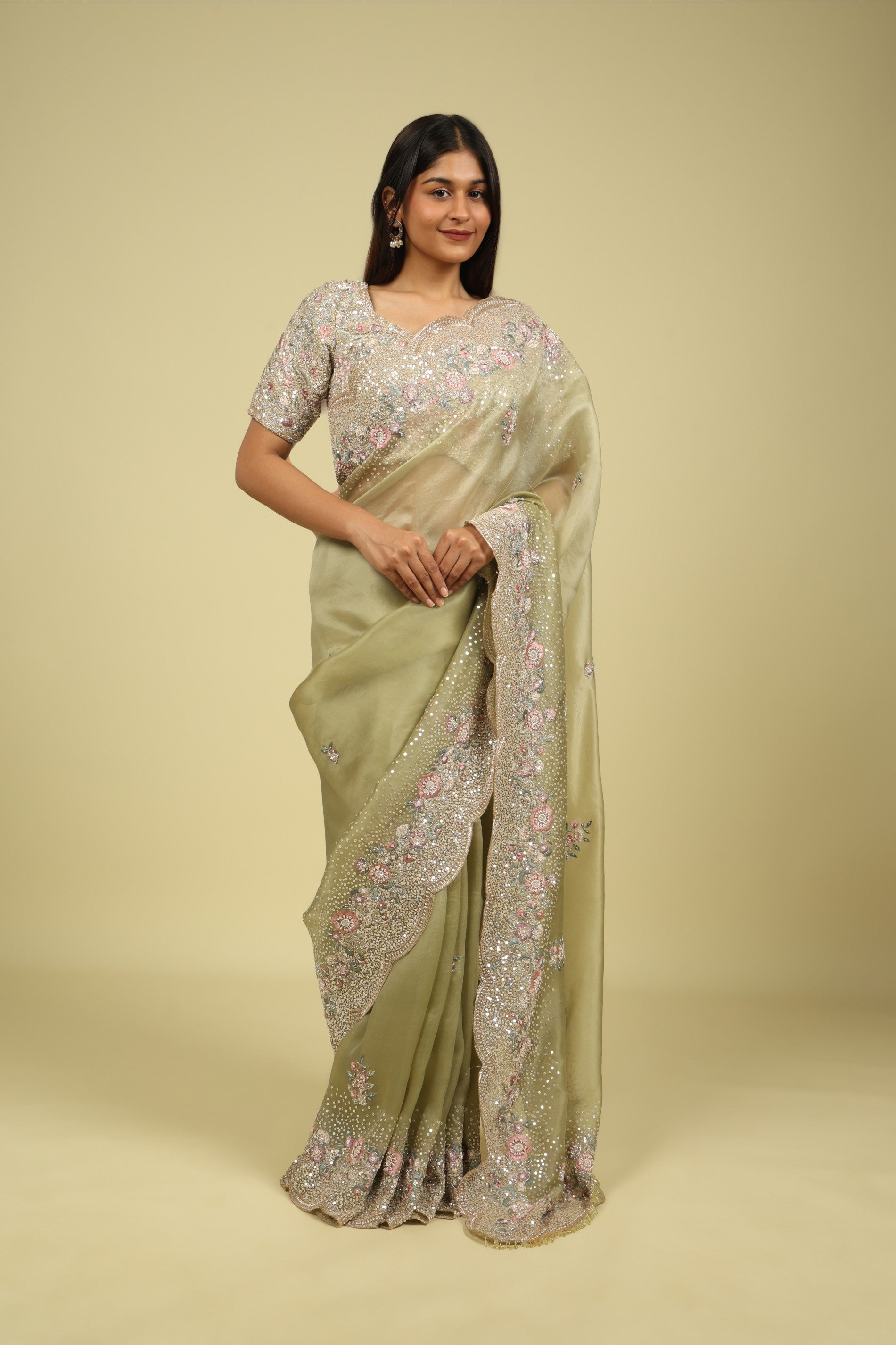 Light Green Organza Saree with Sequin & Thread Embroidery Motifs - Mokshaa