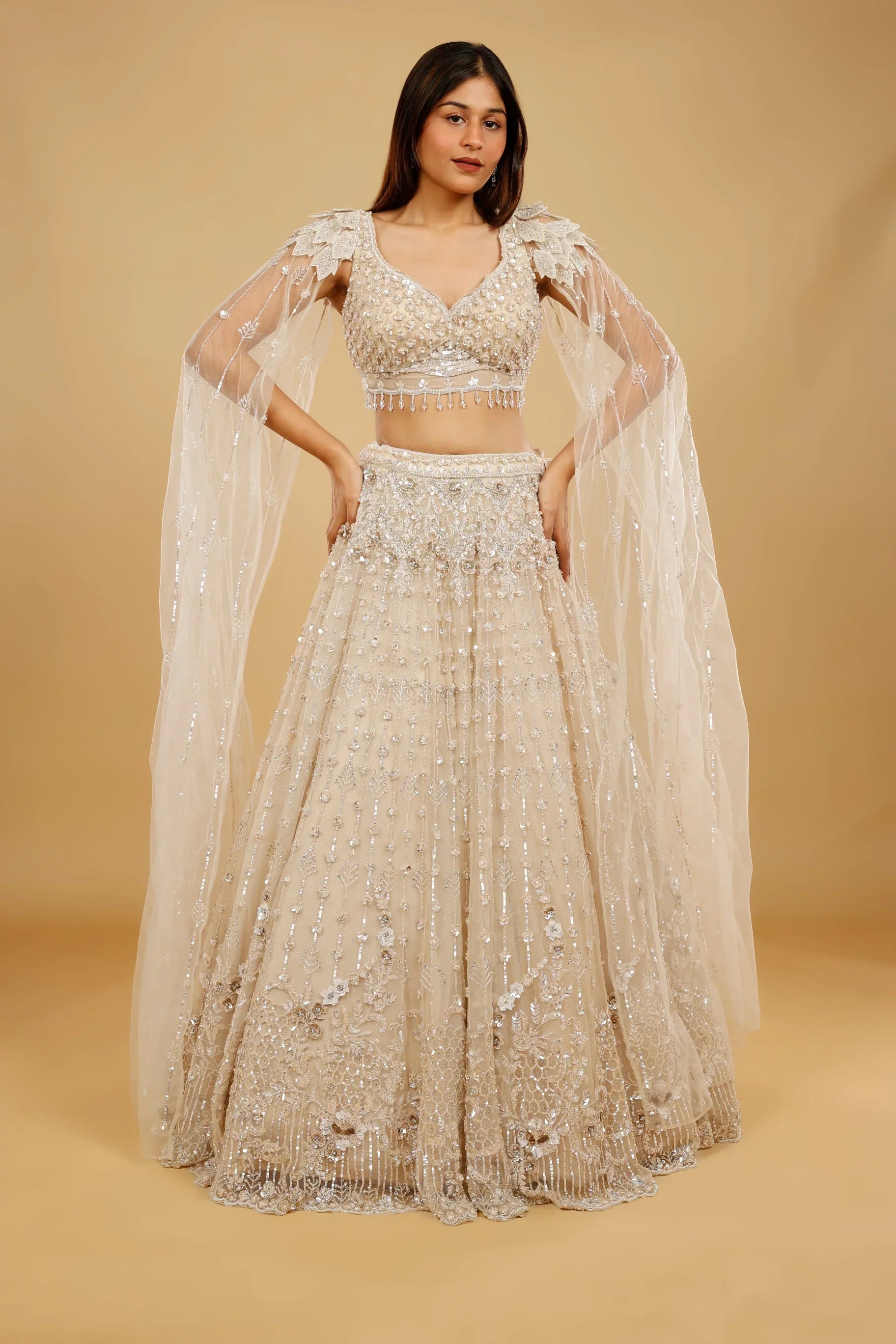 Beige Gold Net Lehenga Set with Sequin, Cutdana & Stone Embroidery - Mokshaa