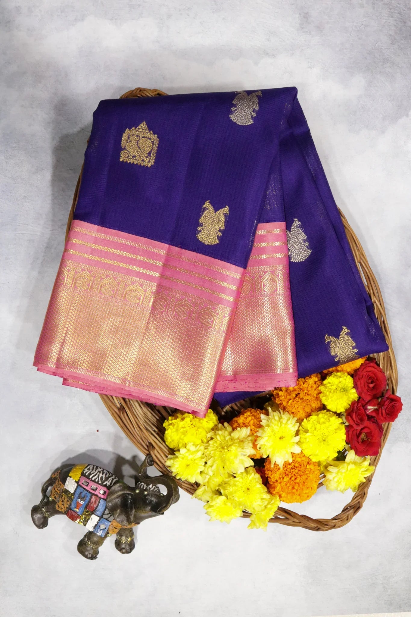 Royal Blue Kanchipuram Silk Saree with Silver & Gold Zari Motifs and Contrast Border - Mokshaa