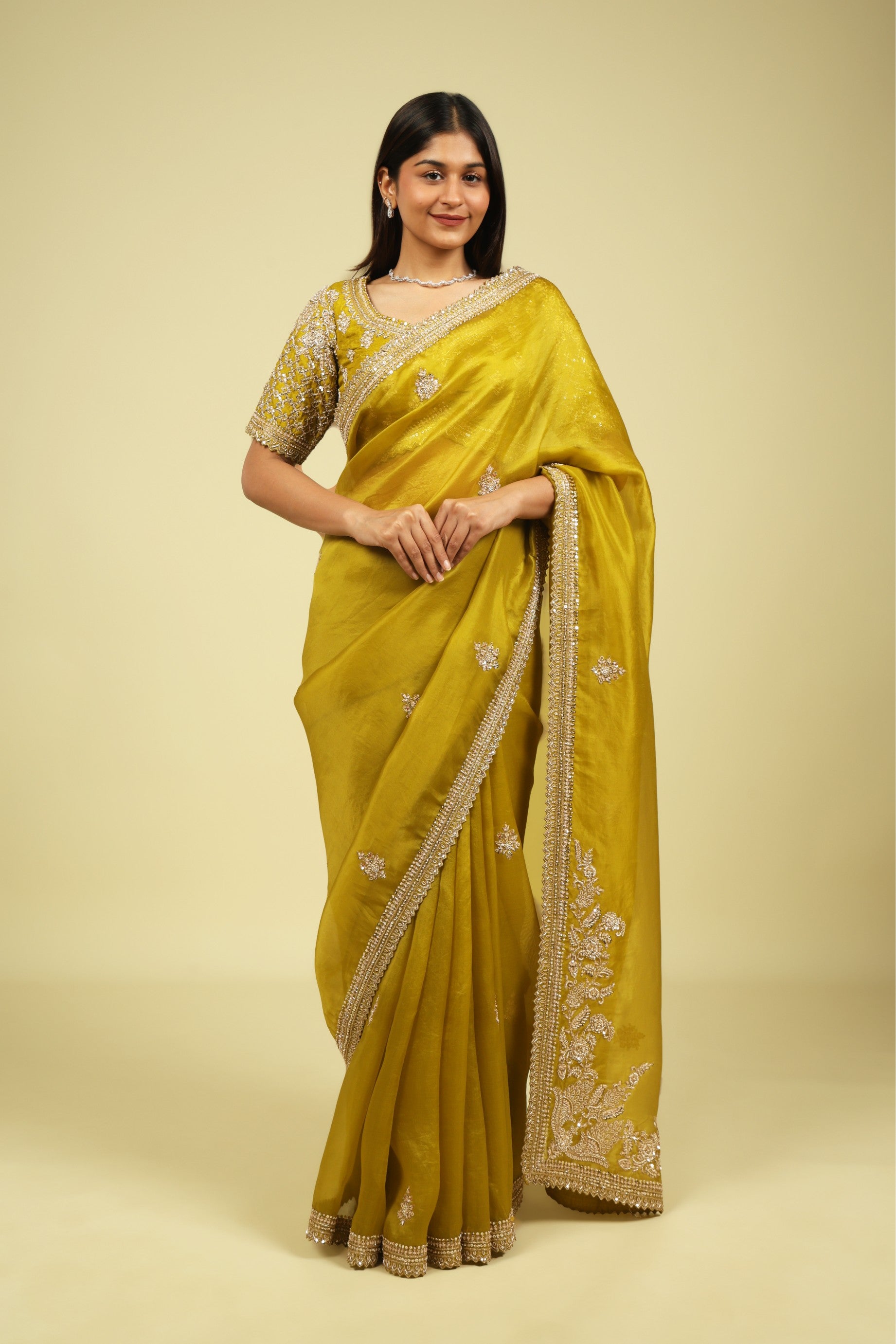 Lime Green Organza Saree with Zardoosi, Sequin Buttas & Embroidered Border - Mokshaa