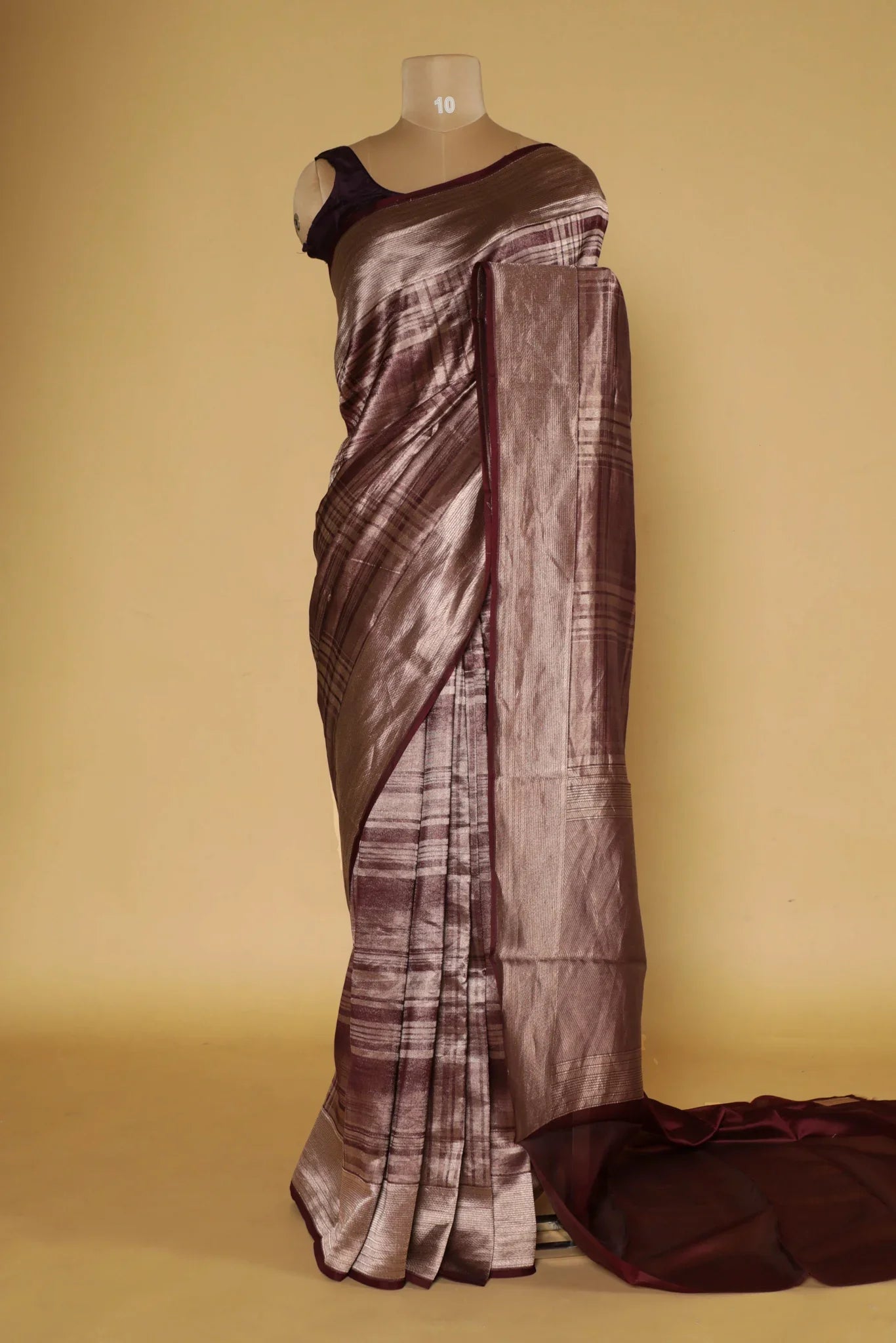 Wine Banarasi Kora Silk Saree with Self Zari Checks & Zari Border - Mokshaa