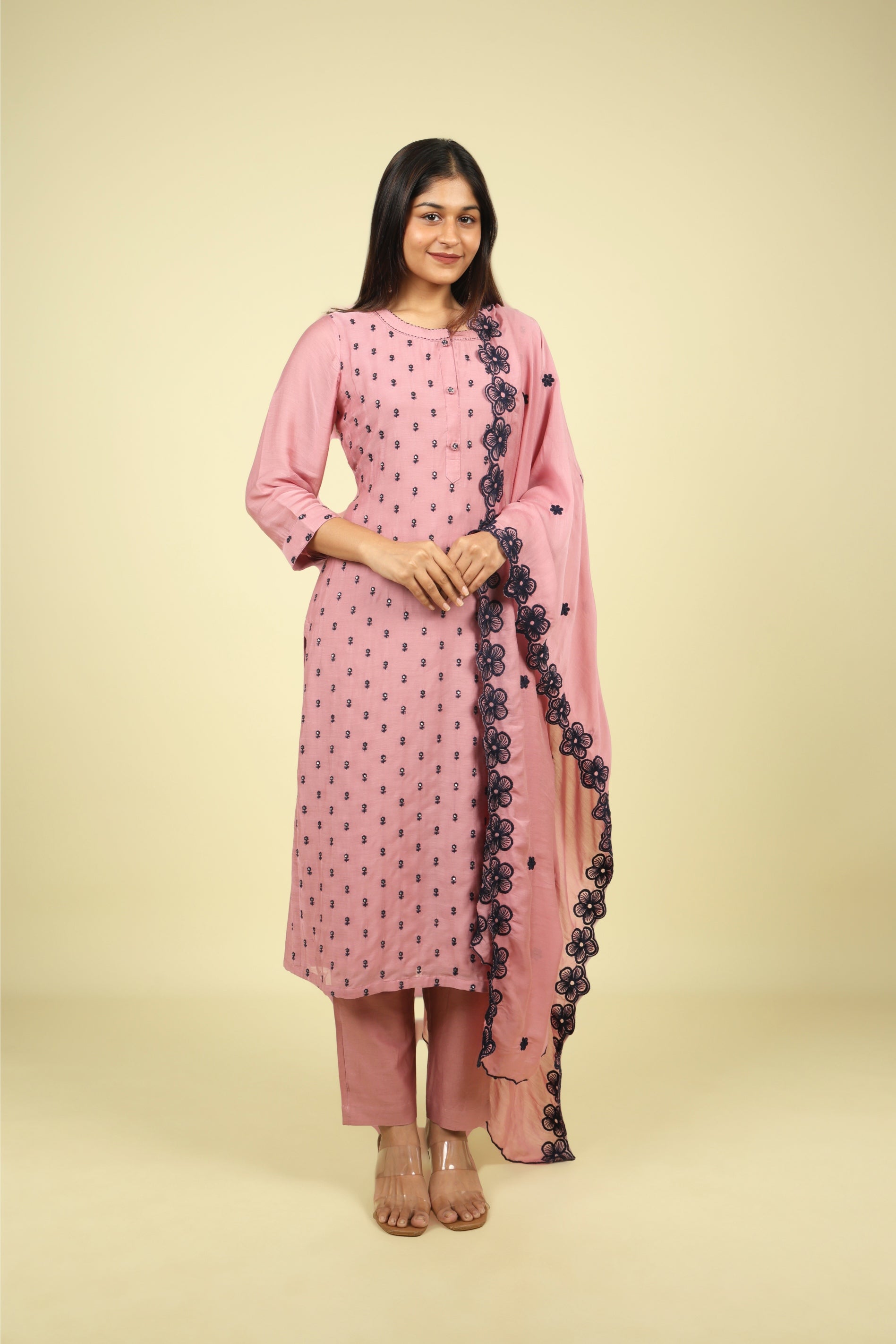 Peach Mul Chanderi Straight Salwar Set - Mokshaa