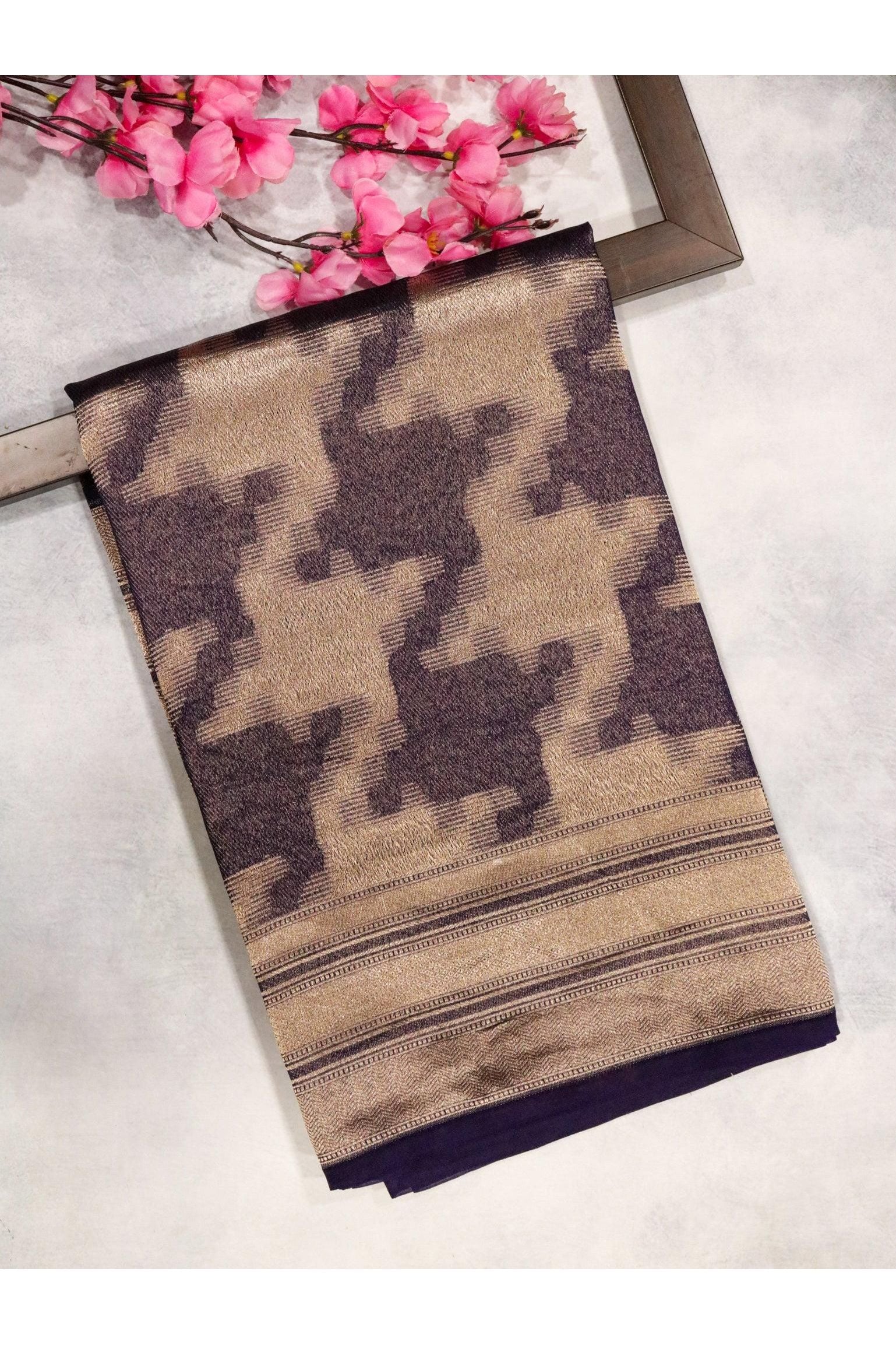 Violet Blue Banarasi Kora Silk Saree with Geometrical Zari Weaving - Mokshaa