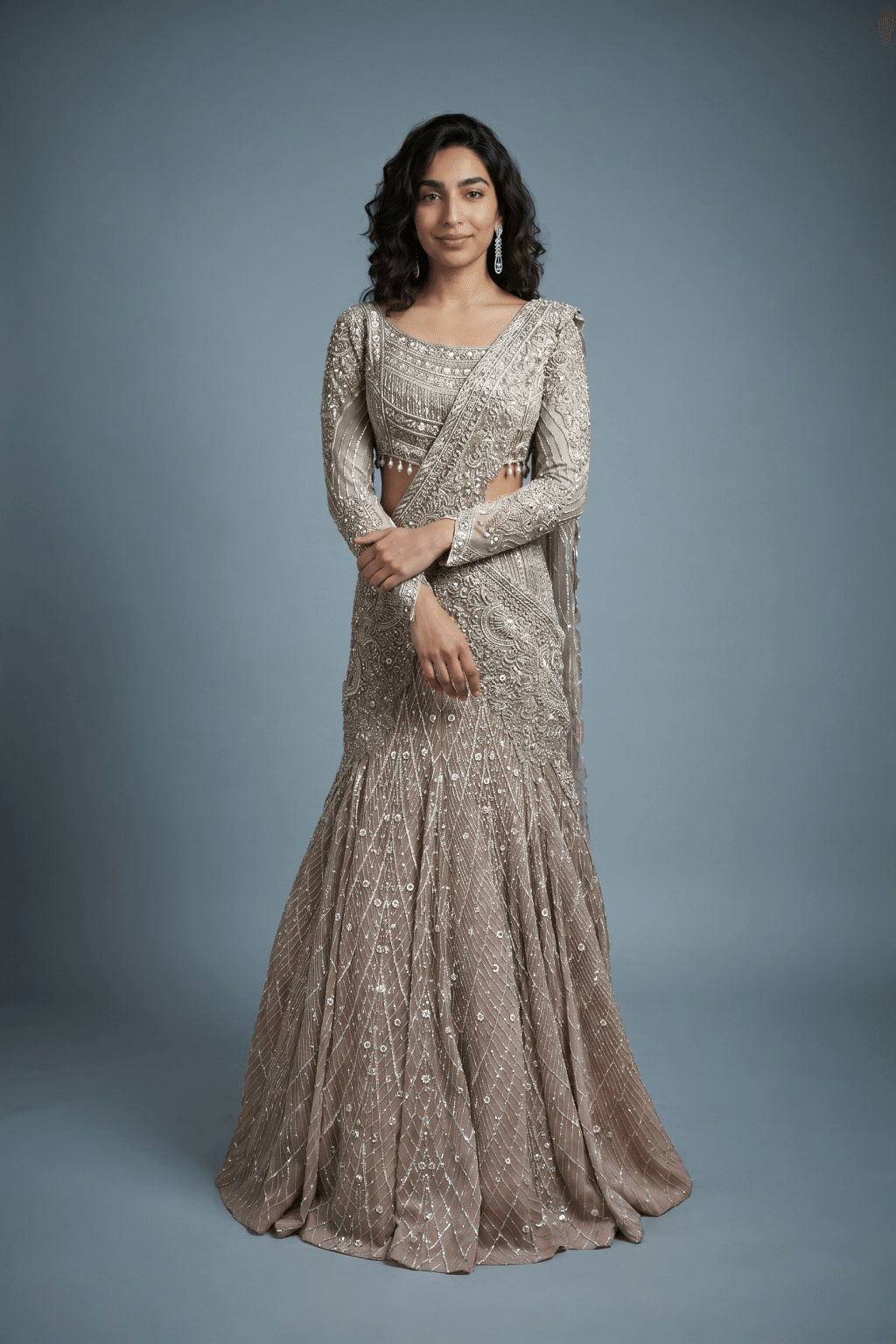 Taupe Grey Embellished Drape Saree