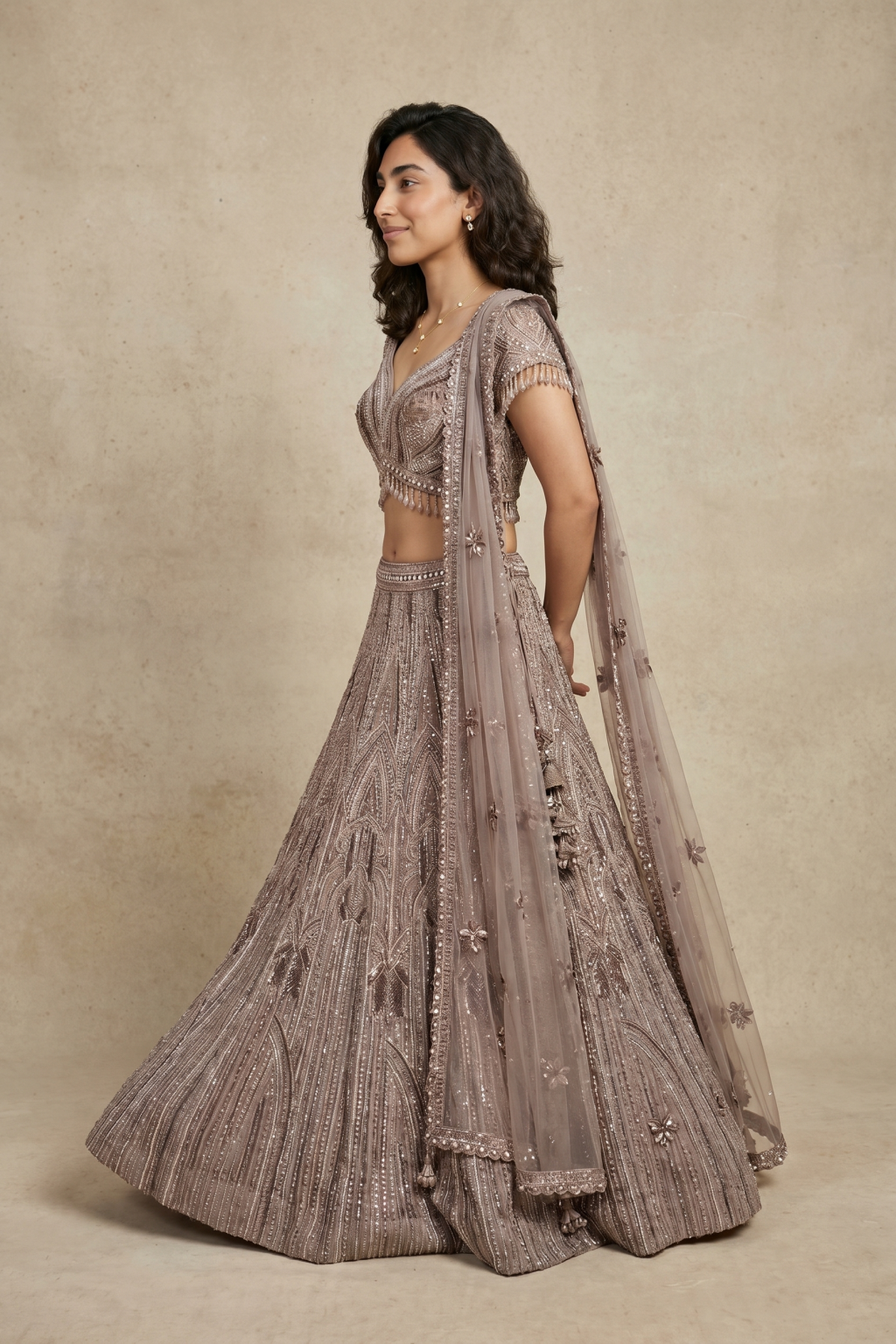 Mauve Net Embroidered Lehenga
