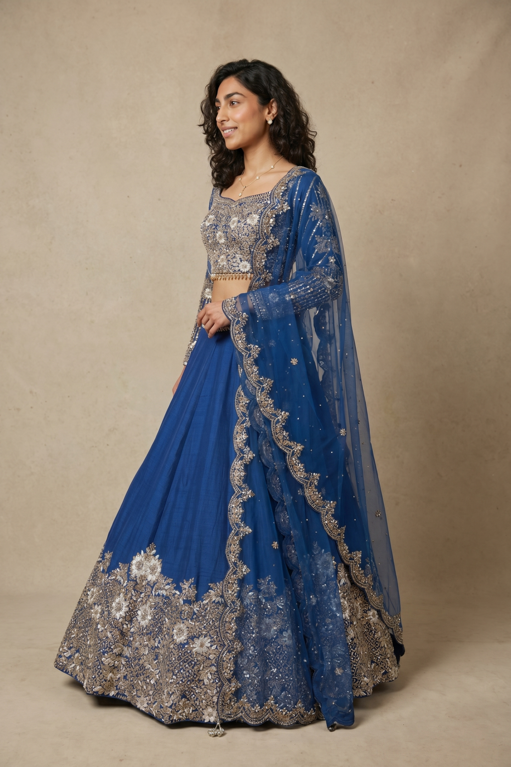 Blue Raw Silk Lehenga with Mirror & Pearl Embroidery