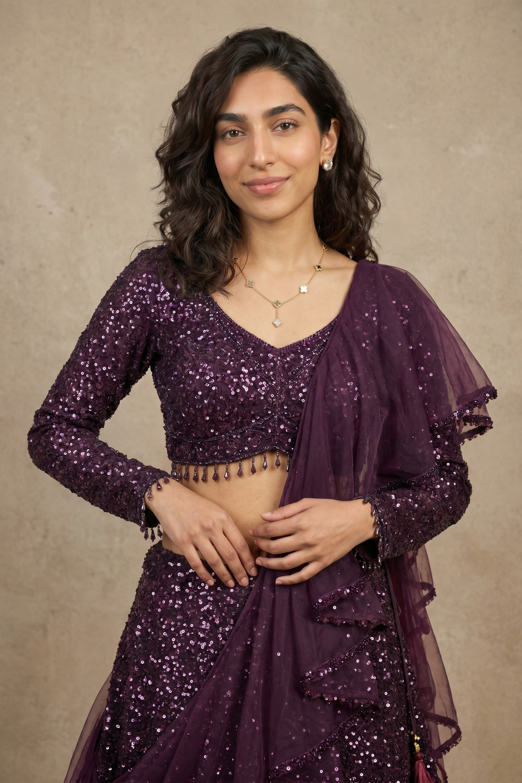 Wine Sequin Fish-Cut Lehenga