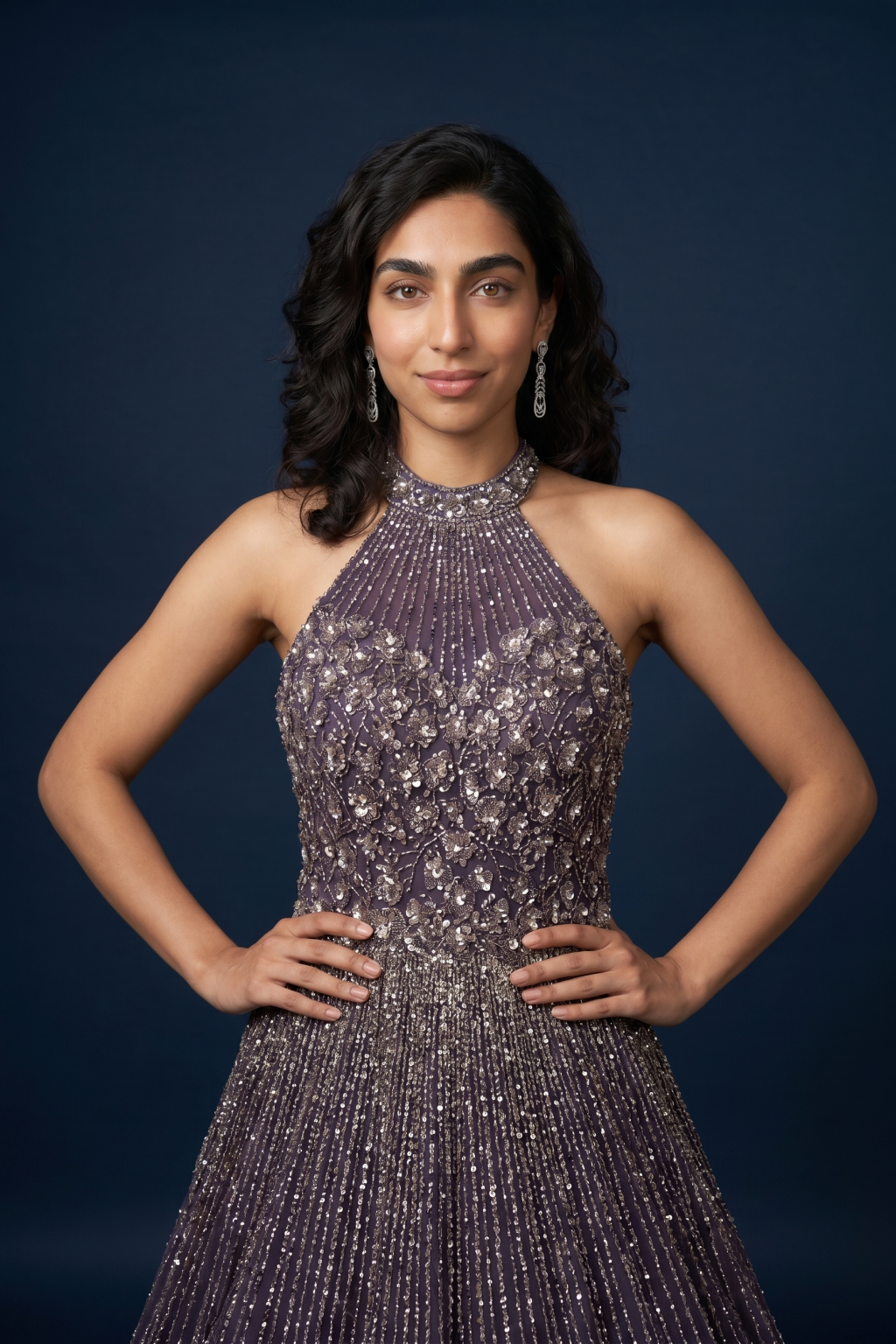 Deep Purple Net Halter Neck Gown with Sequin & Stone Work