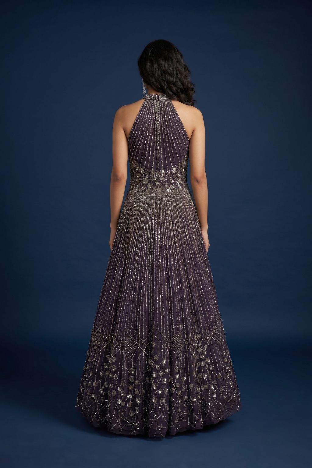Deep Purple Net Halter Neck Gown with Sequin & Stone Work