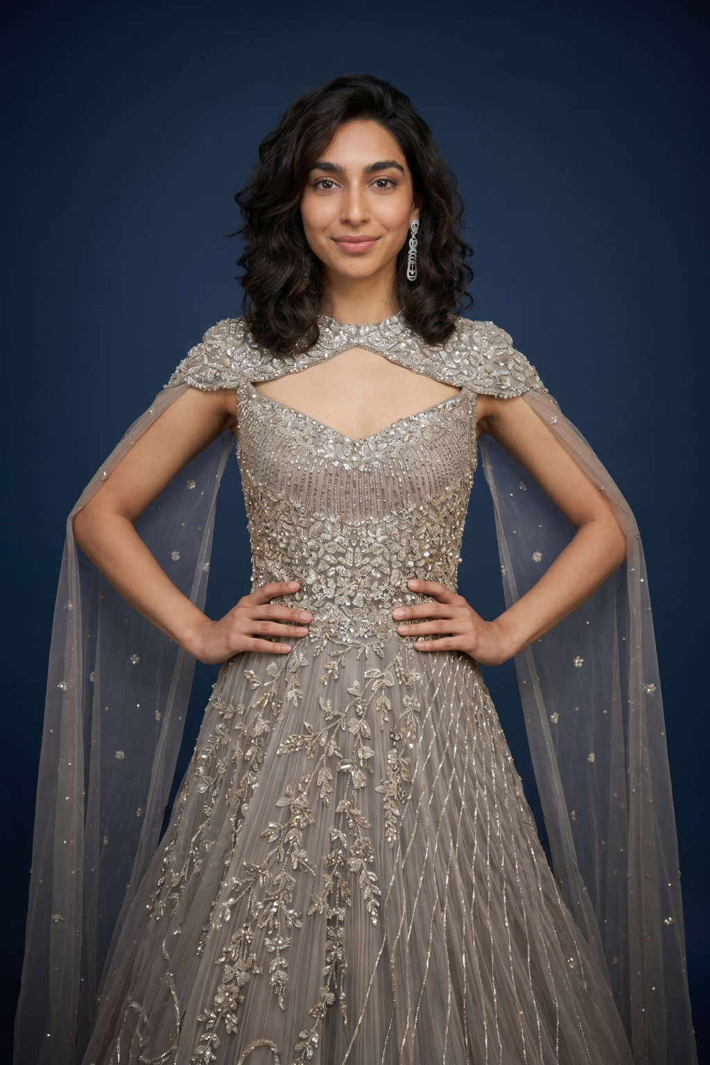 Champagne Gold Net Gown with Embellished Cape