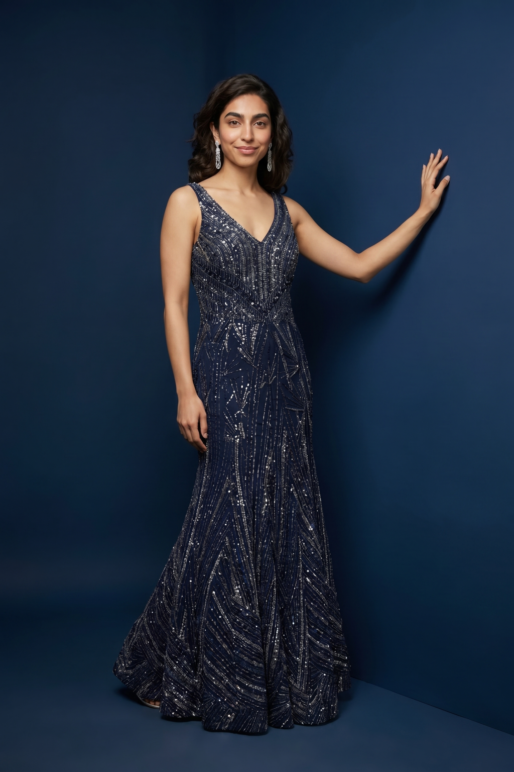 Navy Blue Net Fishcut Gown