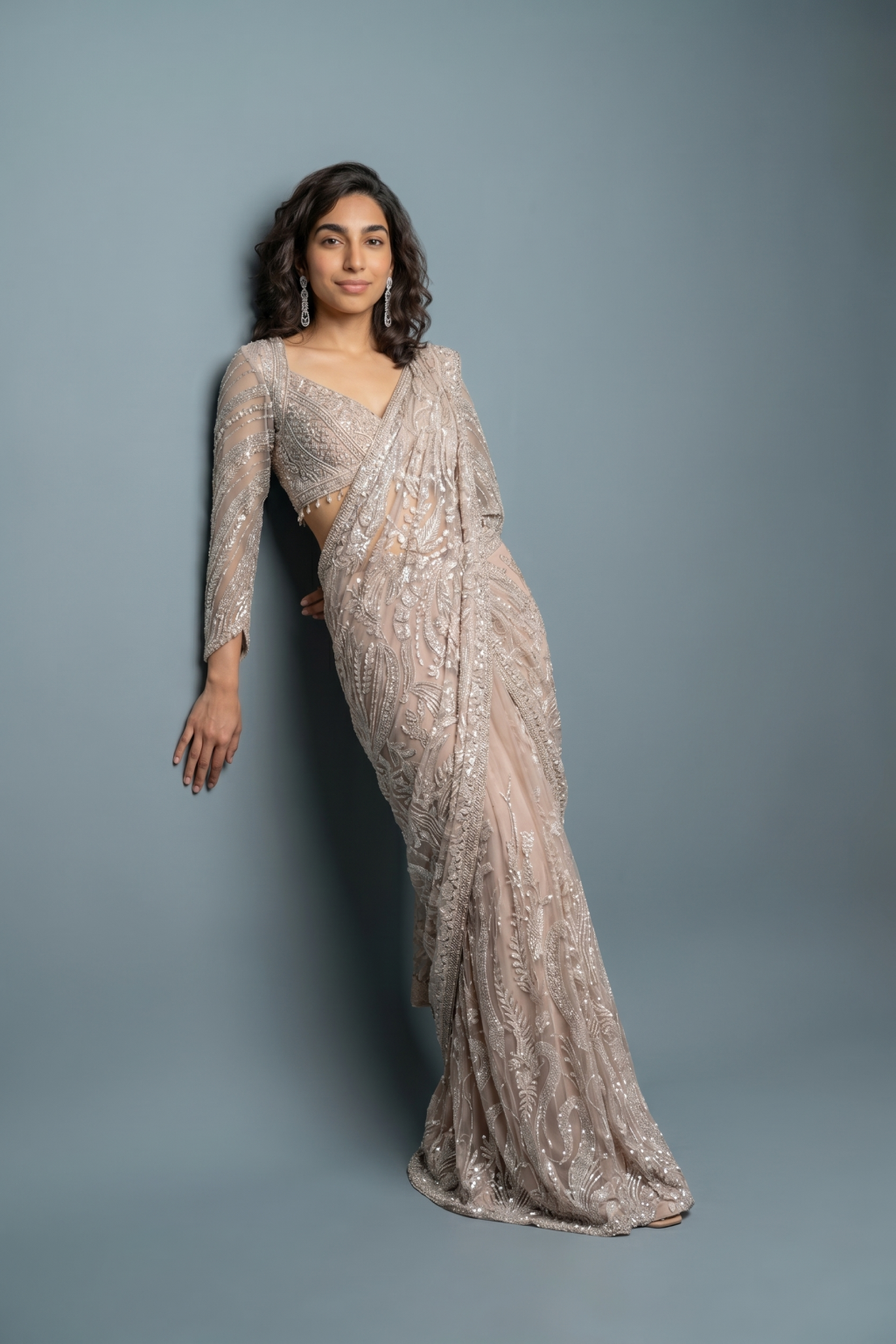 Peach Net Drape Saree with Sequins & Kardhana Work