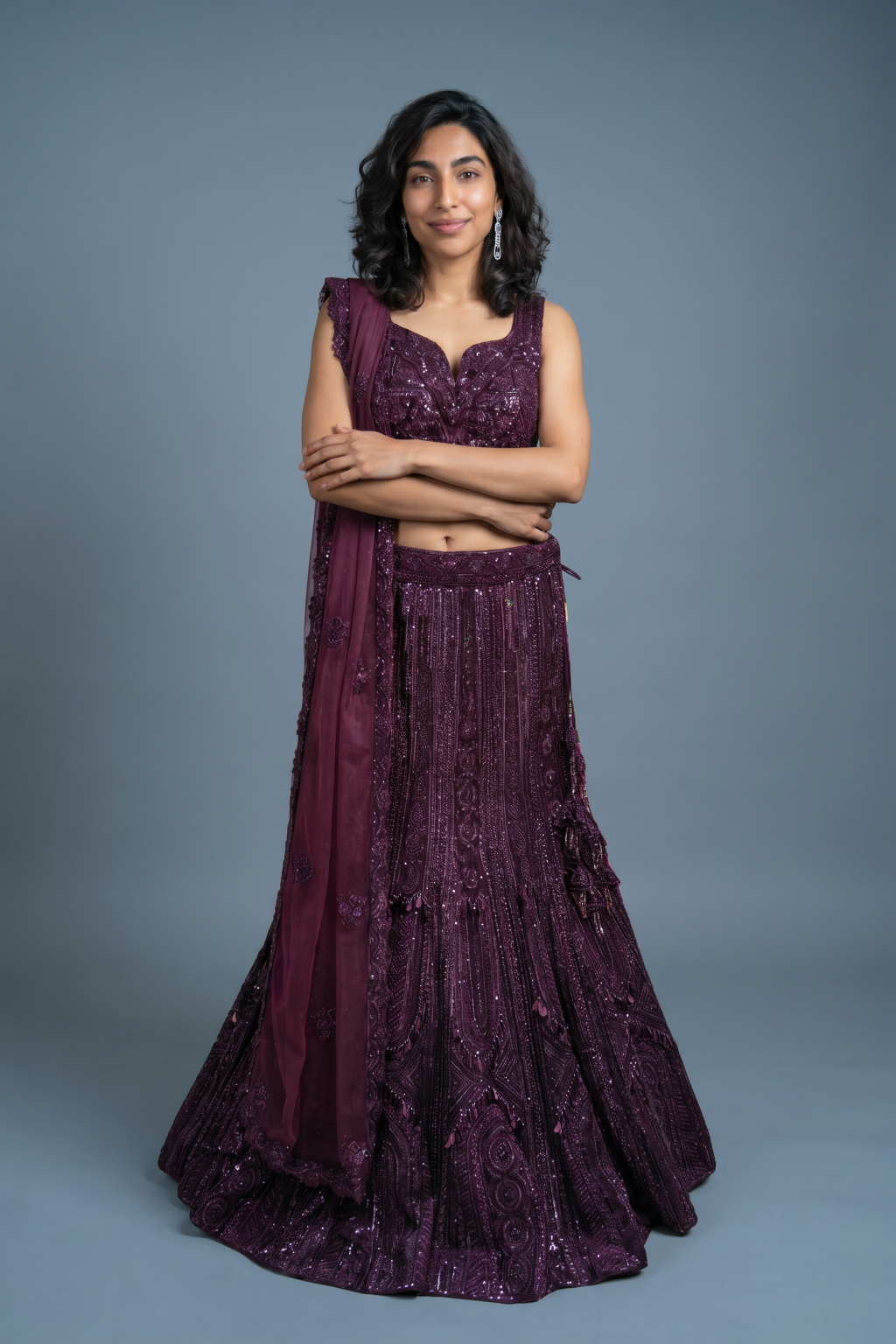 Wine Net Lehenga with Beads & Sequins Embroidery and Net Dupatta