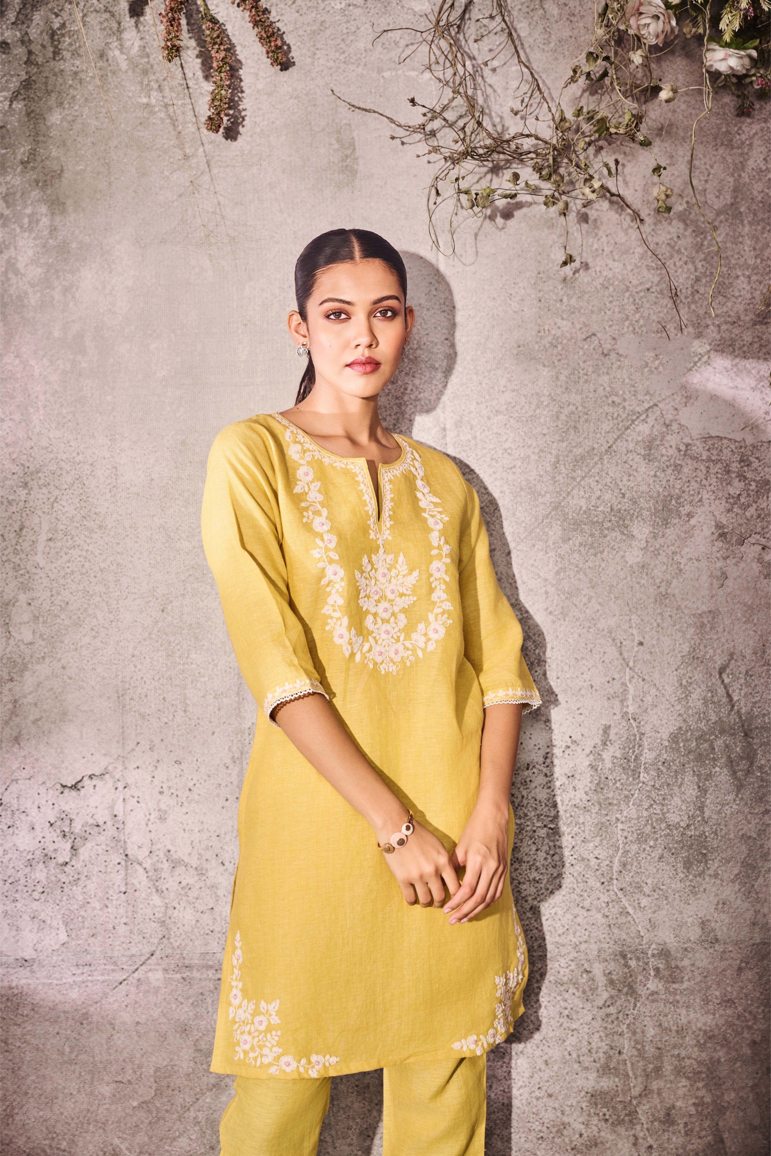 Mustard Yellow Silk Kurti Set