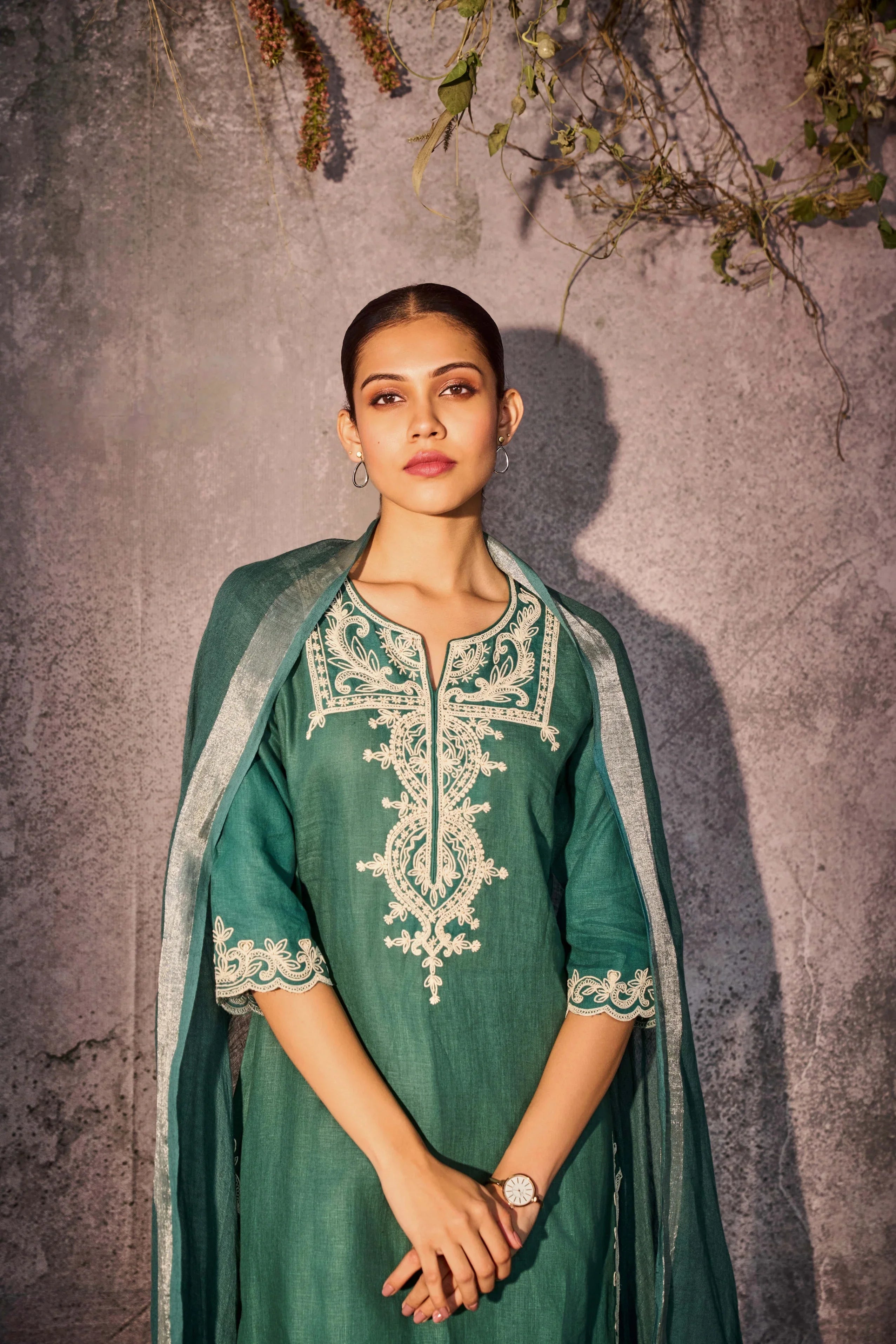 Teal Linen Kurta Set with Ivory Embroidery & Dupatta - Mokshaa