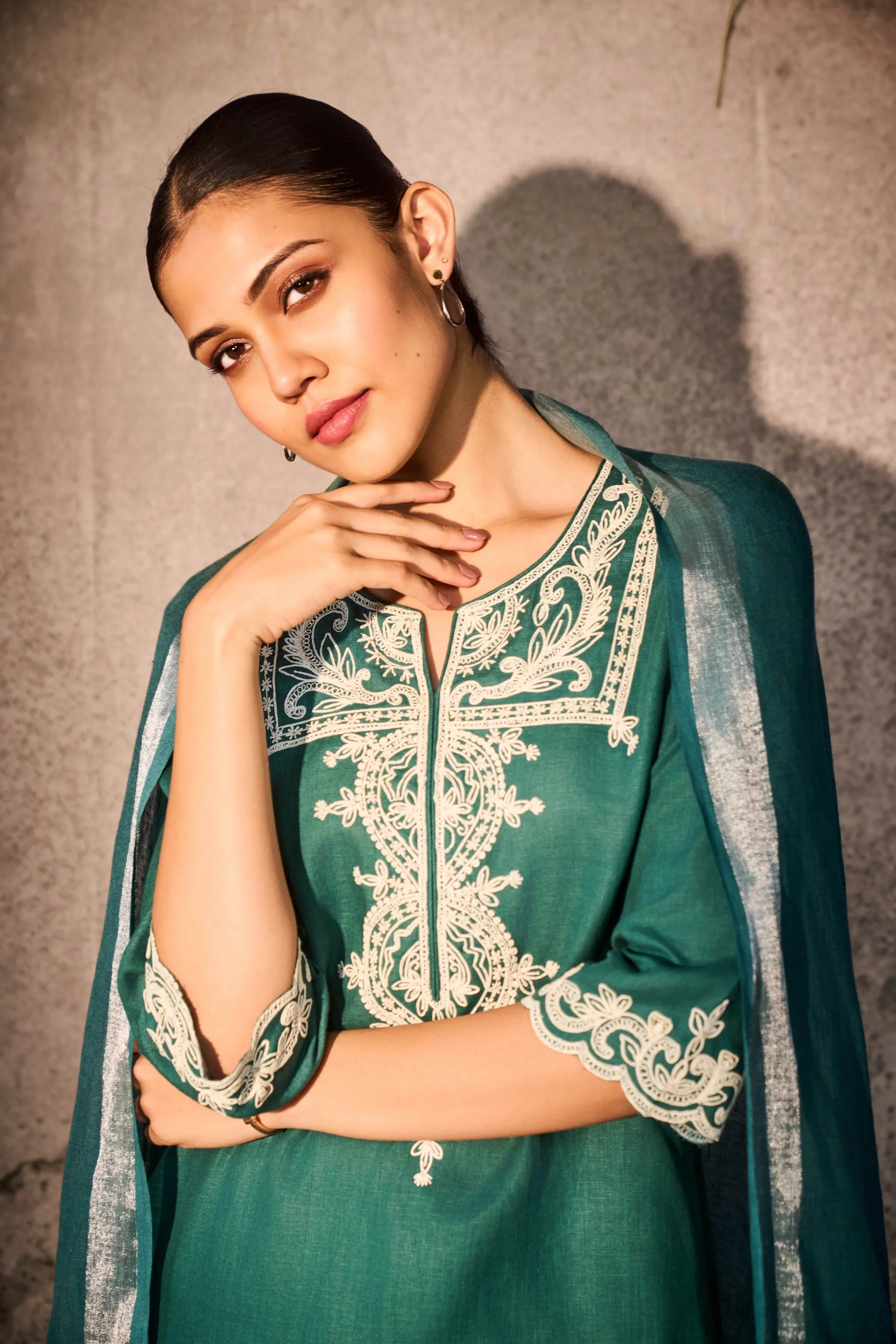Teal Linen Kurta Set with Ivory Embroidery & Dupatta - Mokshaa