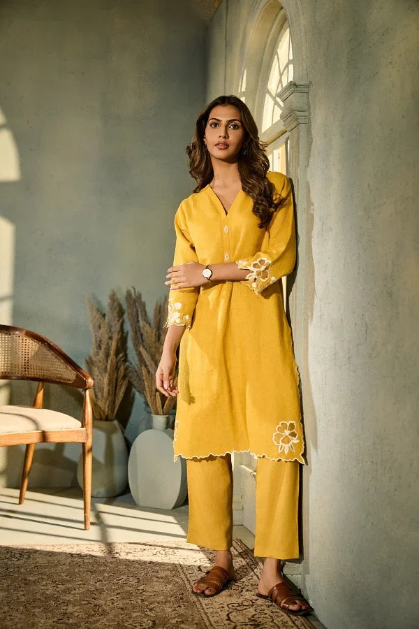 Mustard Yellow Linen Co-Ord Set with White Floral Embroidery - Mokshaa