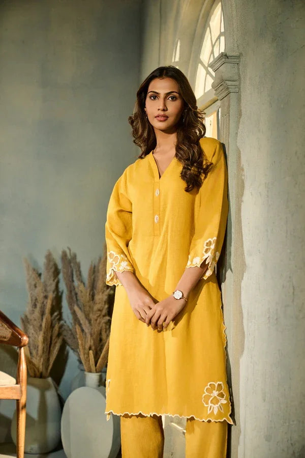 Mustard Yellow Linen Co-Ord Set with White Floral Embroidery - Mokshaa