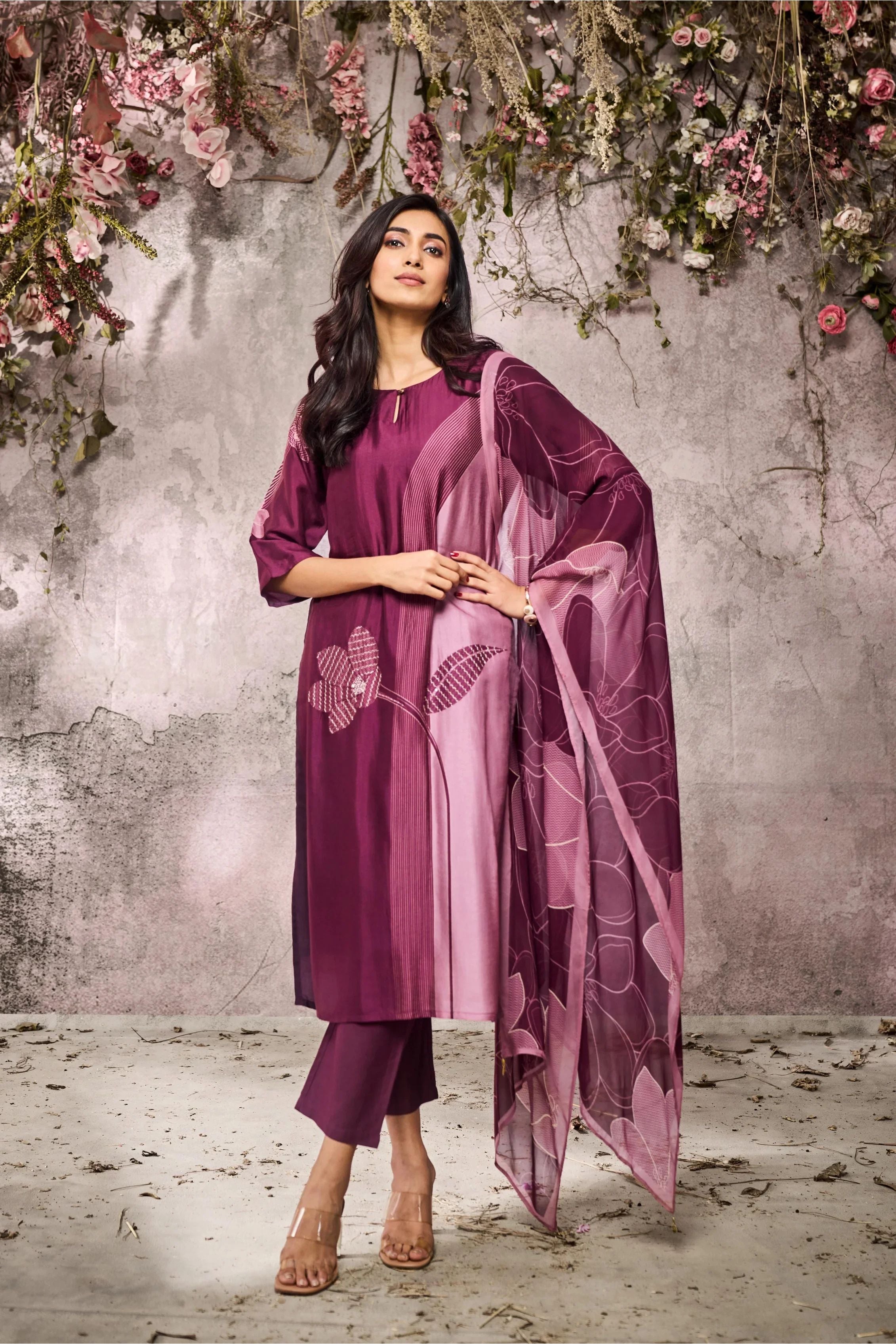 Wine Muslin Printed Kurta Set with Floral Motif Dupatta - Mokshaa