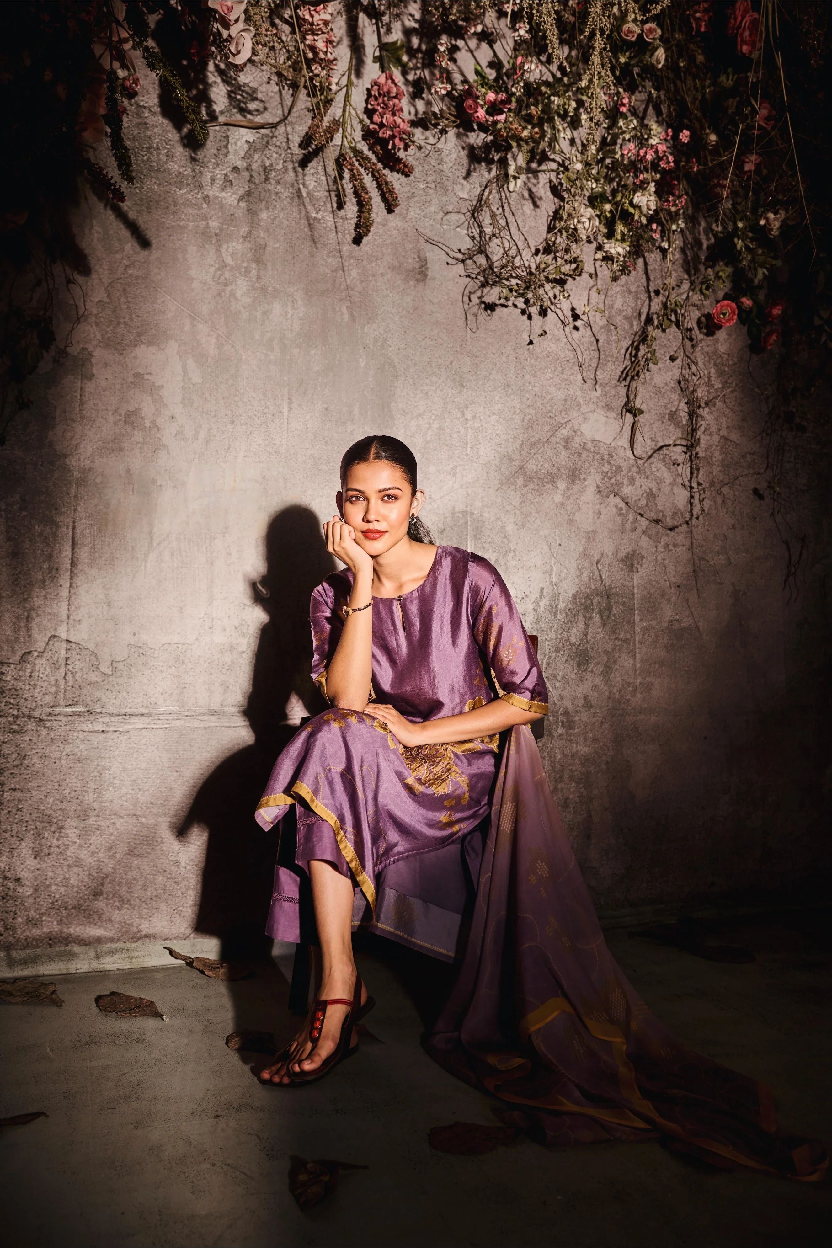 Mauve Muslin Kurta Set with Gold Floral Print & Dupatta - Mokshaa