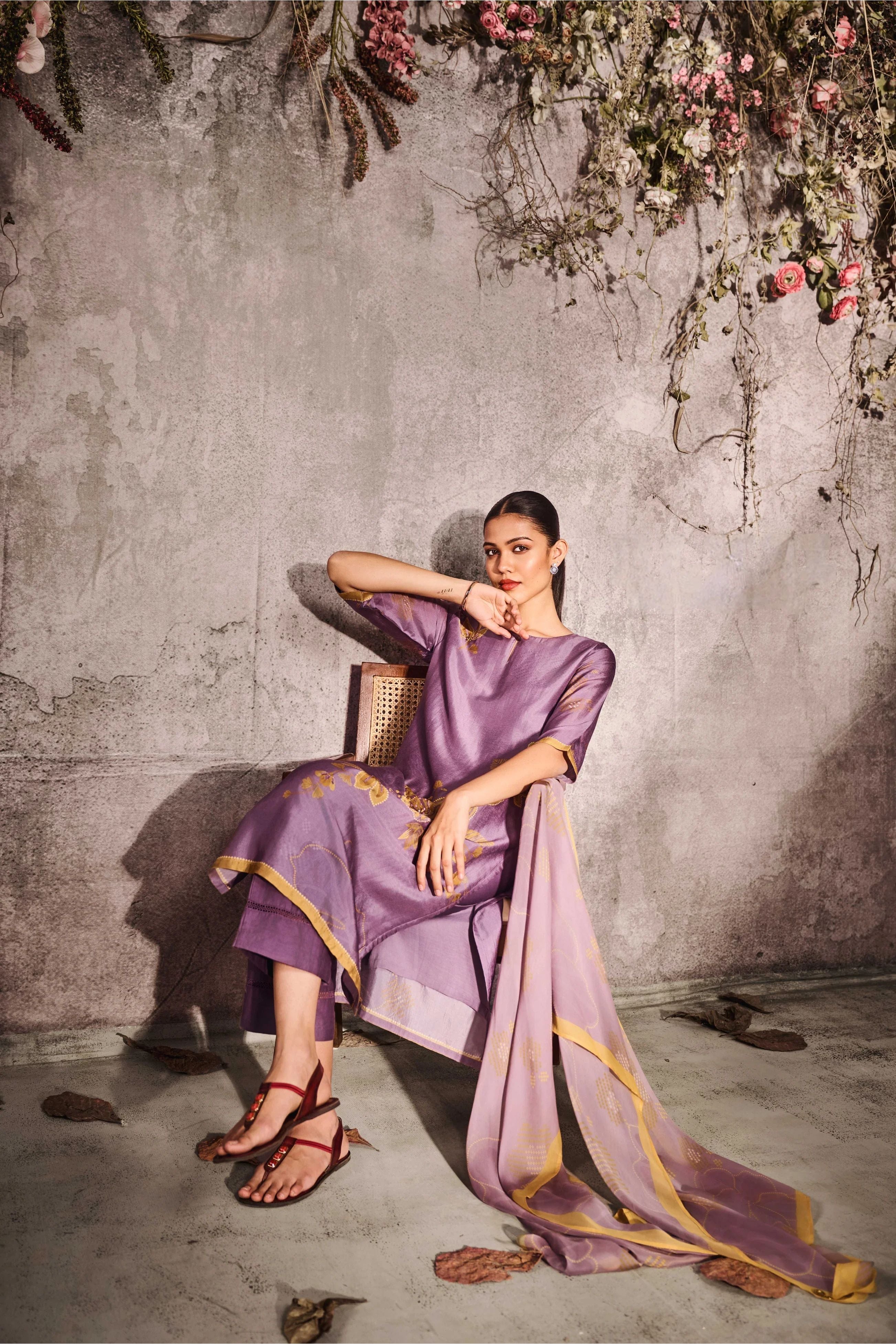 Mauve Muslin Kurta Set with Gold Floral Print & Dupatta - Mokshaa