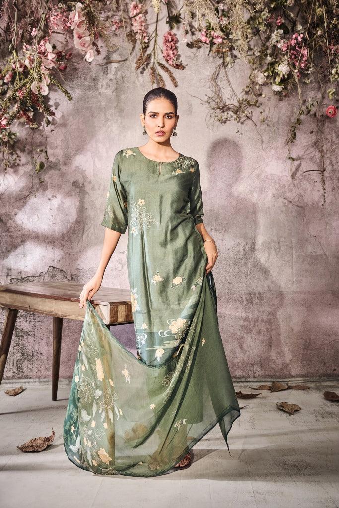 Sage Green Muslin Kurta Set with Floral Print & Dupatta - Mokshaa