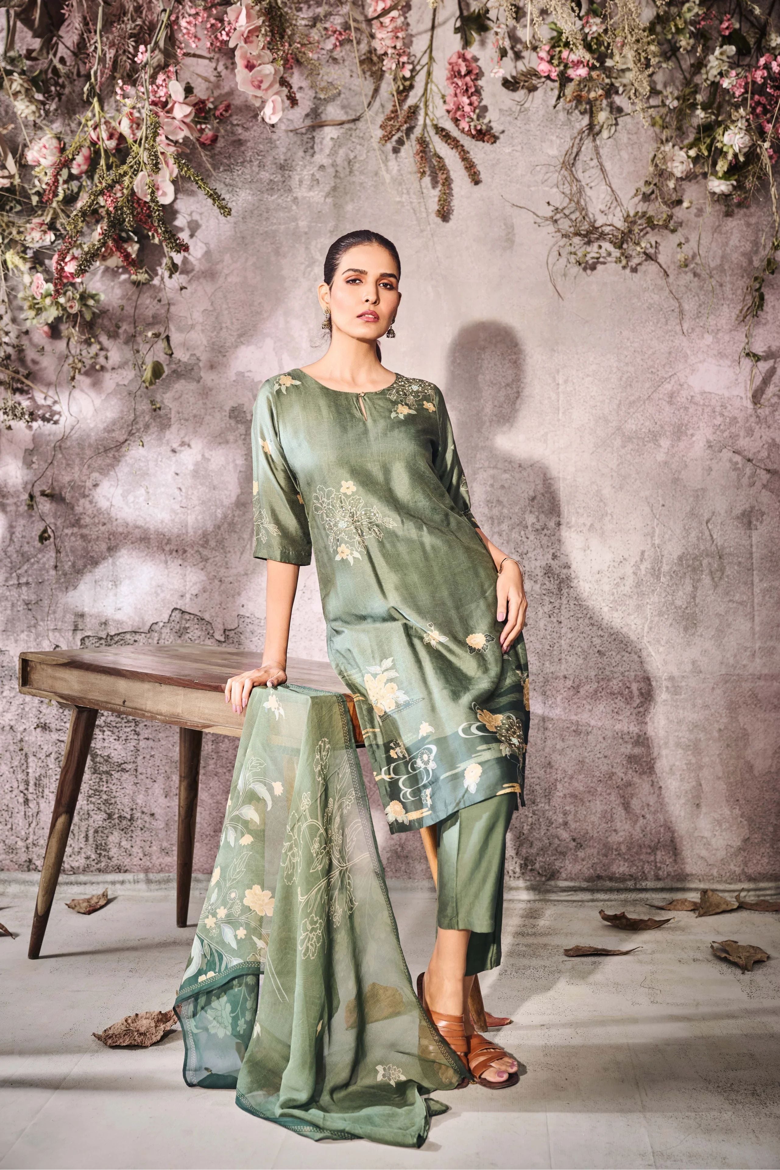 Sage Green Muslin Kurta Set with Floral Print & Dupatta - Mokshaa