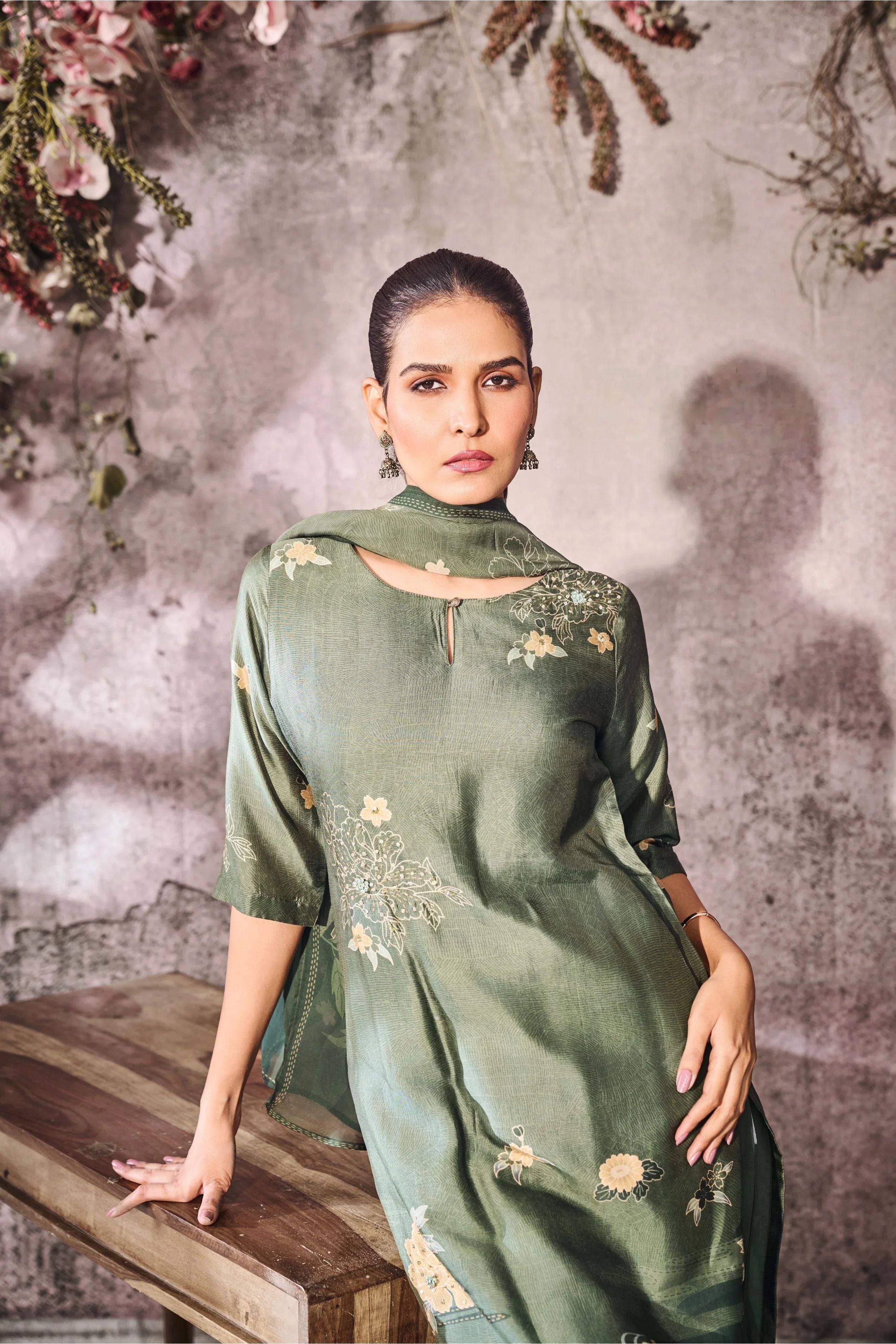 Sage Green Muslin Kurta Set with Floral Print & Dupatta - Mokshaa