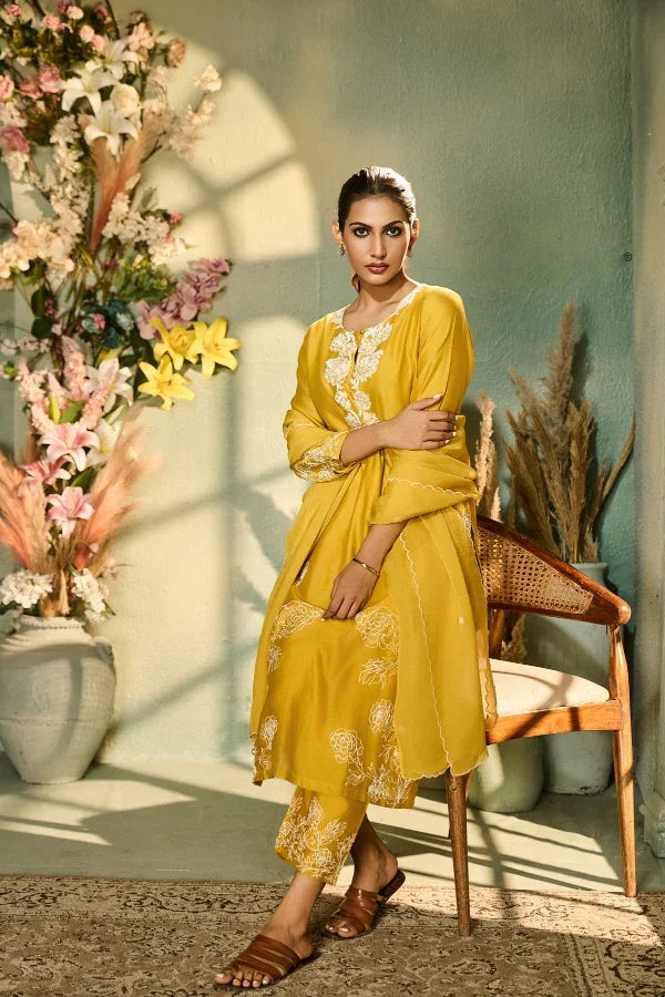 Yellow Kurta Set with White Thread Embroidery & Dupatta - Mokshaa