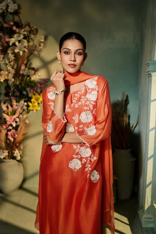 Burnt Orange Muslin Kurta Set with White Floral Embroidery & Dupatta - Mokshaa