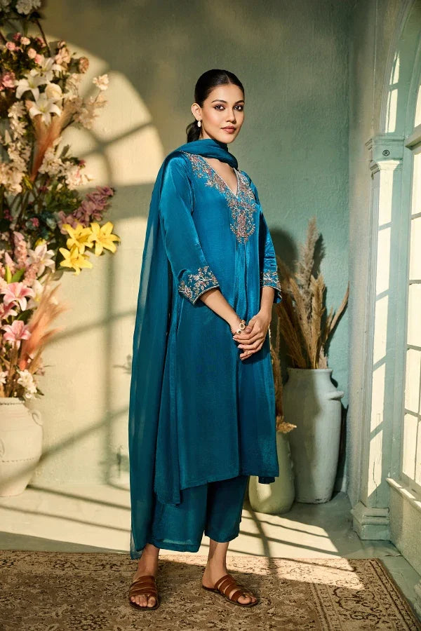 Teal Crepe Kurta Set with Intricate Antique-Gold Embroidery & Dupatta - Mokshaa