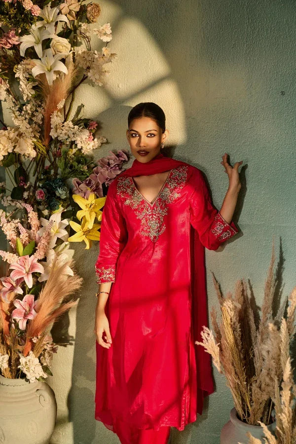 Crimson Crepe Kurta Set with Zardozi & Sequin Embroidery - Mokshaa