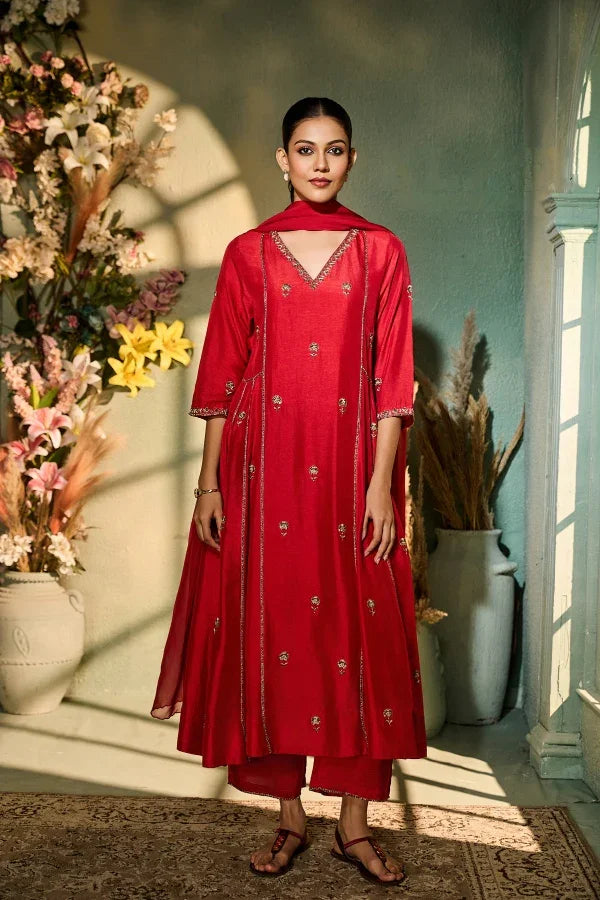 Red Silk Kurta Set with Gold Embellishment & Dupatta - Mokshaa