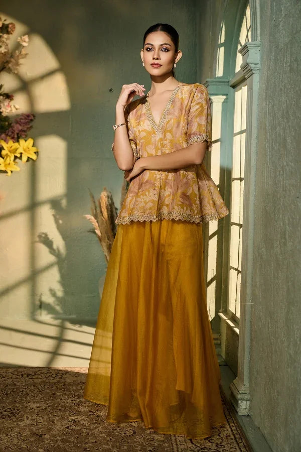 Mustard Organza Palazzo Set with Printed Peplum Top - Mokshaa
