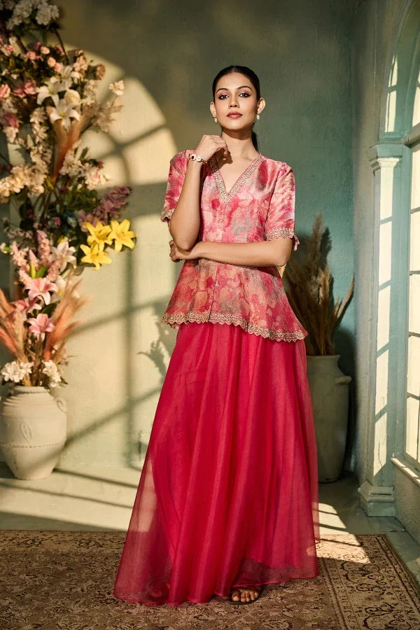 Pink Organza Peplum Top with Matching Palazzo - Mokshaa