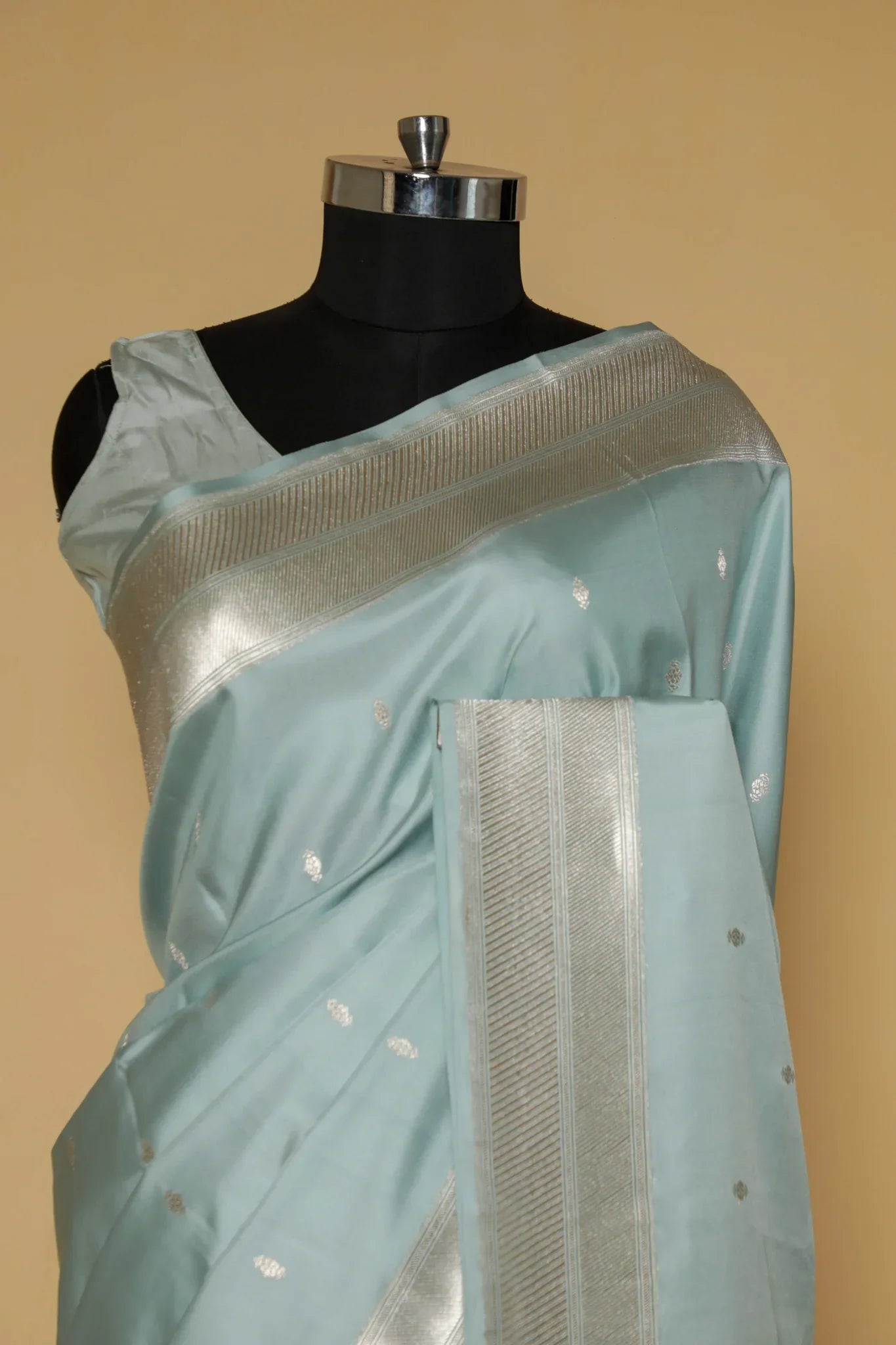 Light Blue Banarasi Mushroom Silk Saree with Silver Motifs & Silver Zari Border - Mokshaa