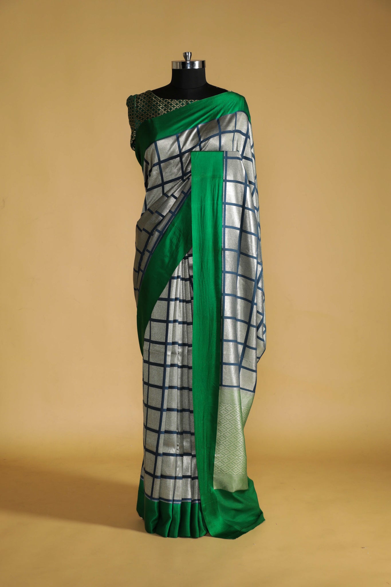 Ash Blue Handloom Silk Saree with Silver Zari Geometric Weaving - Mokshaa