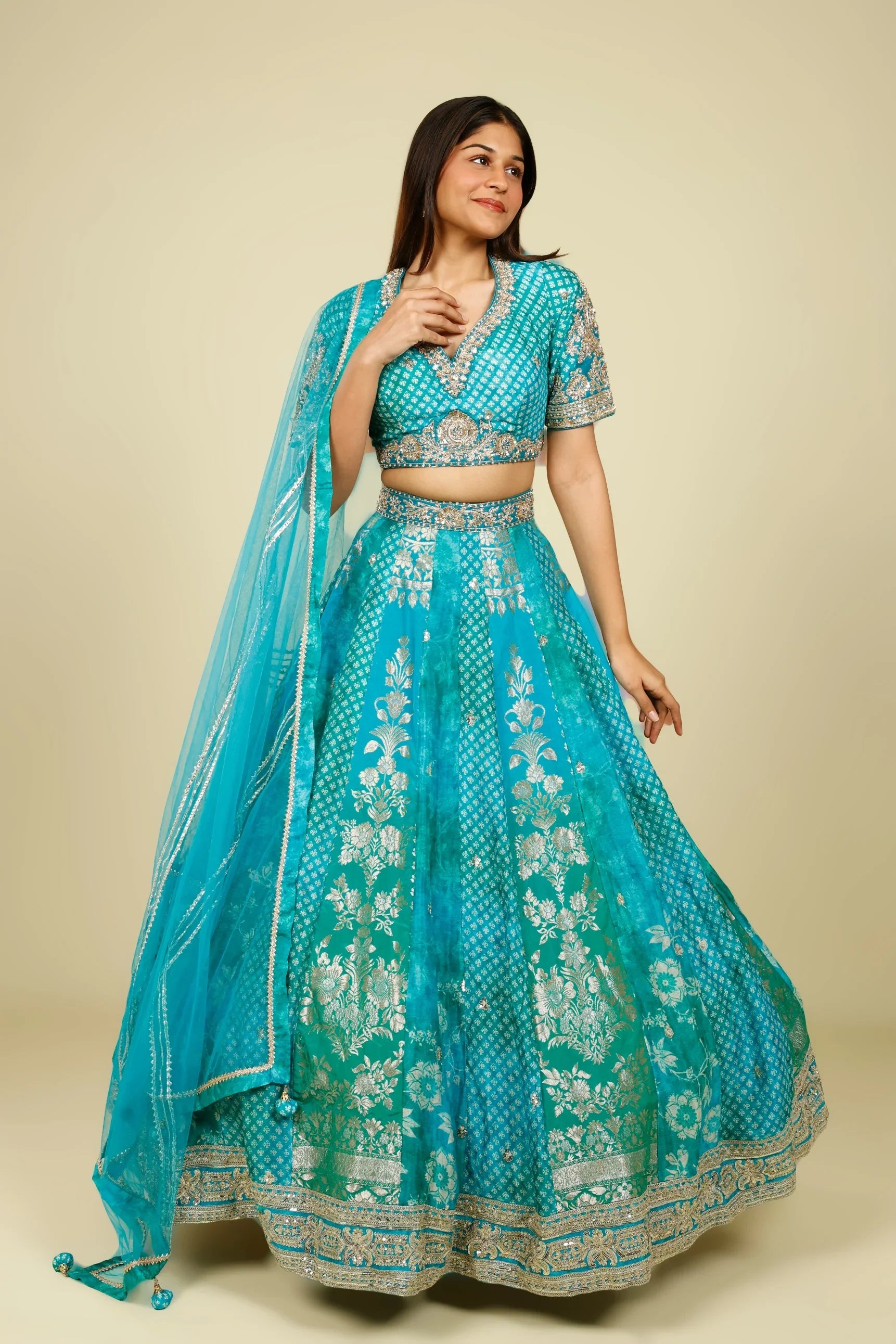 Teal Banarasi Printed Lehenga Set with Zari, Zardozi & Sequin Embroidery - Mokshaa