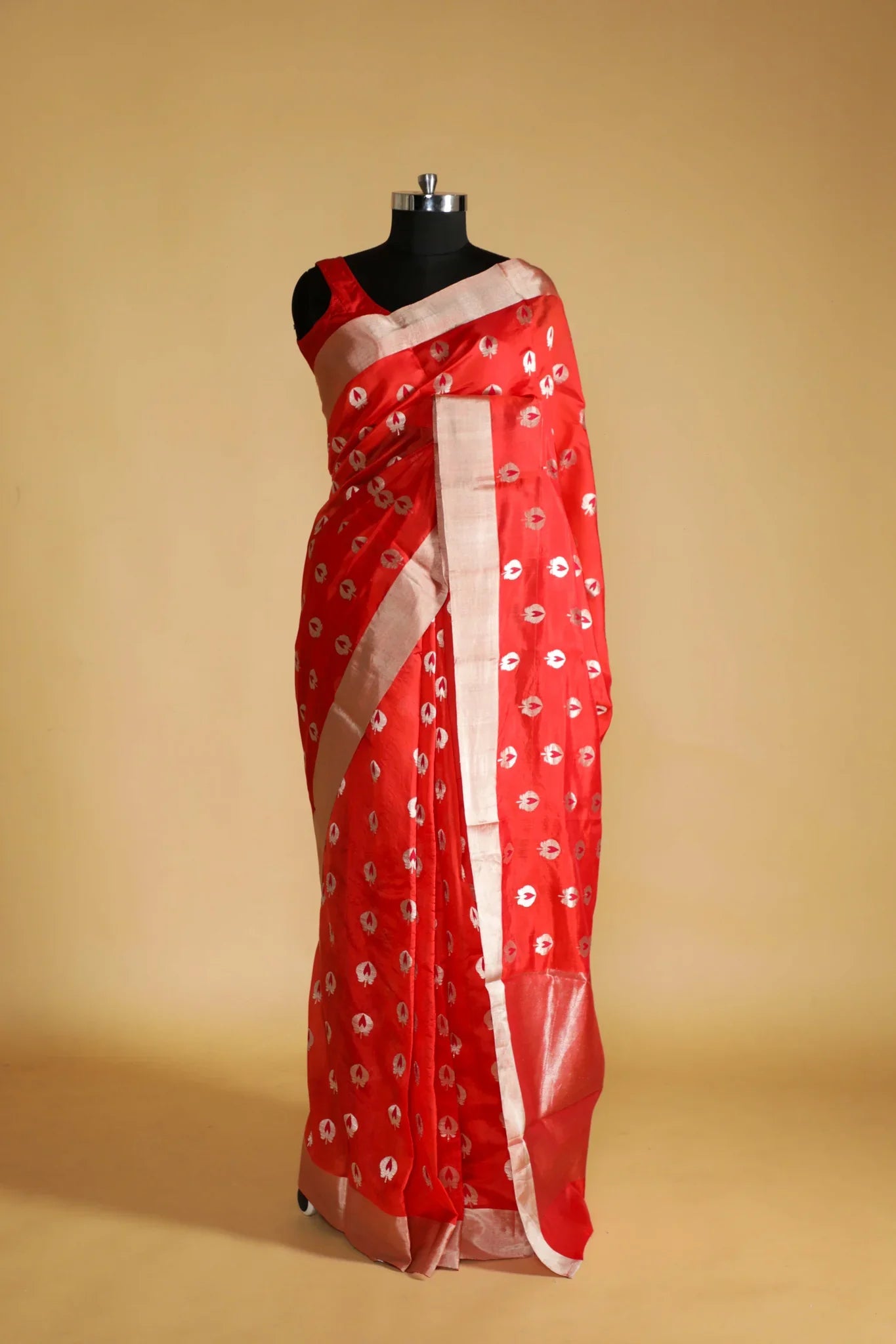 Orange Banarasi Chanderi Silk Saree with Silver & Thread Motifs - Mokshaa