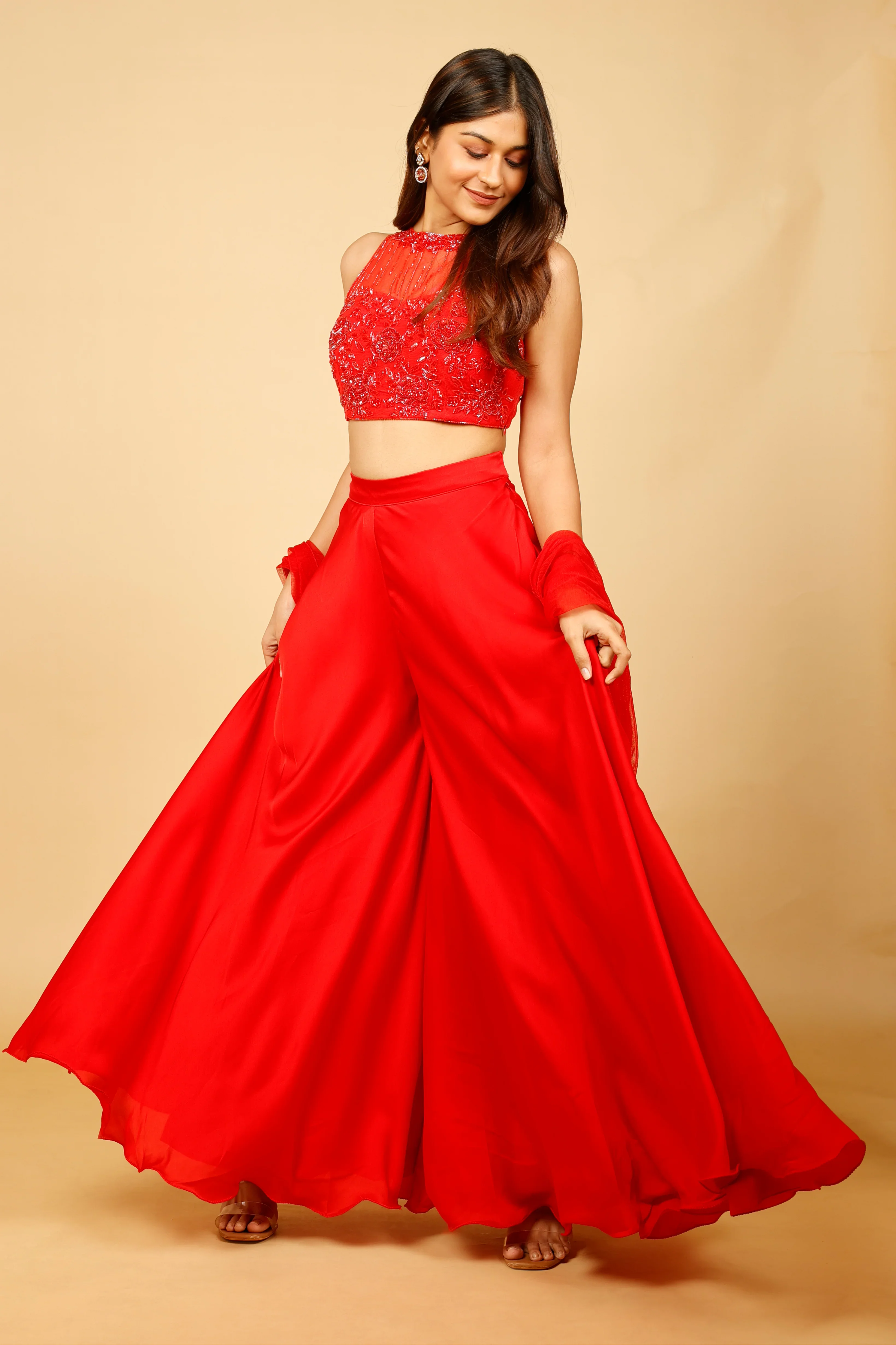 Red Crop Top with Palazzo and Net Dupatta - Mokshaa