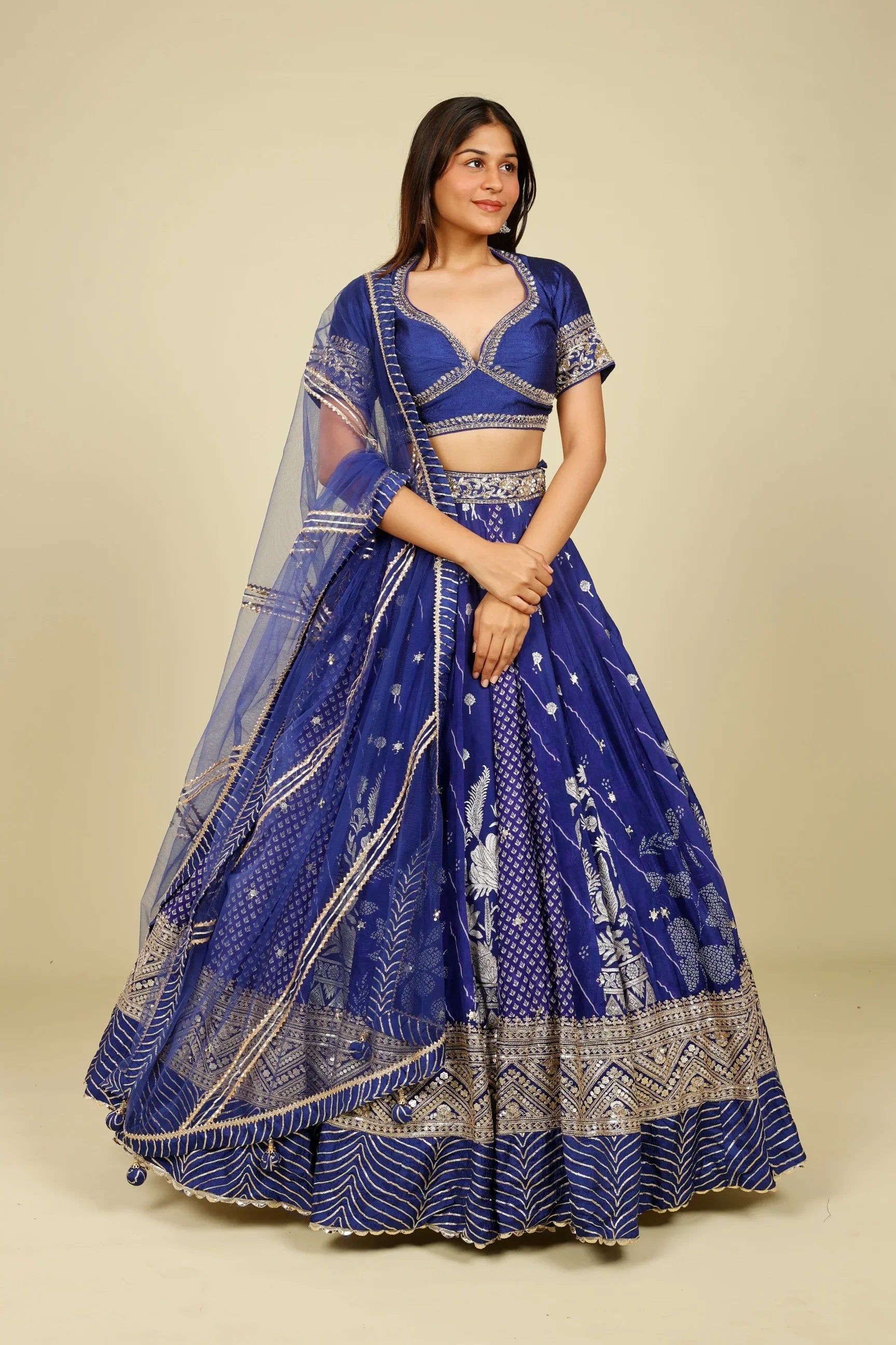 Royal Blue Printed Crepe Silk Lehenga Set with Zardozi & Gota Embroidery - Mokshaa