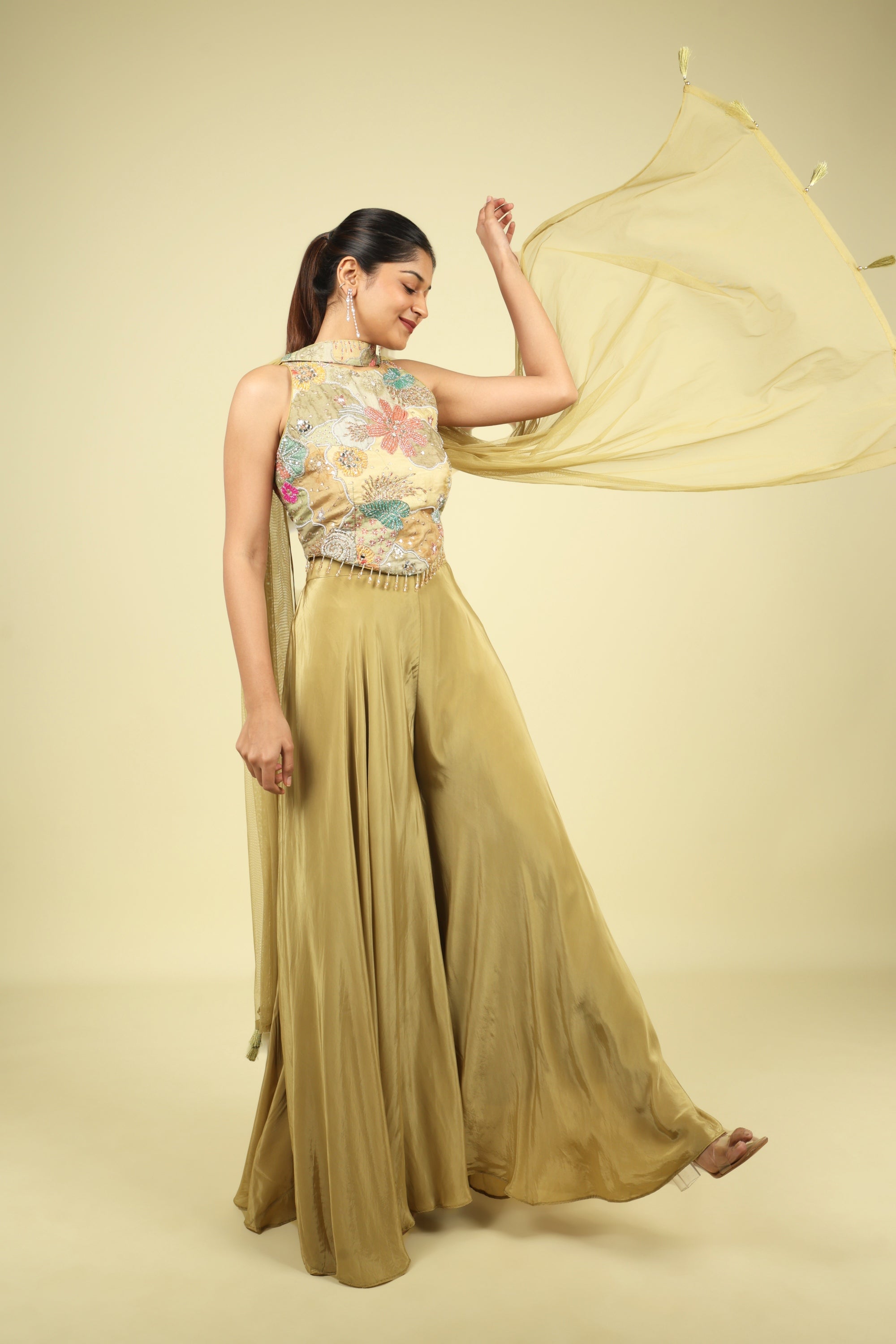 Olive Green Embroidered Satin Silk Corset Palazzo Set - Mokshaa