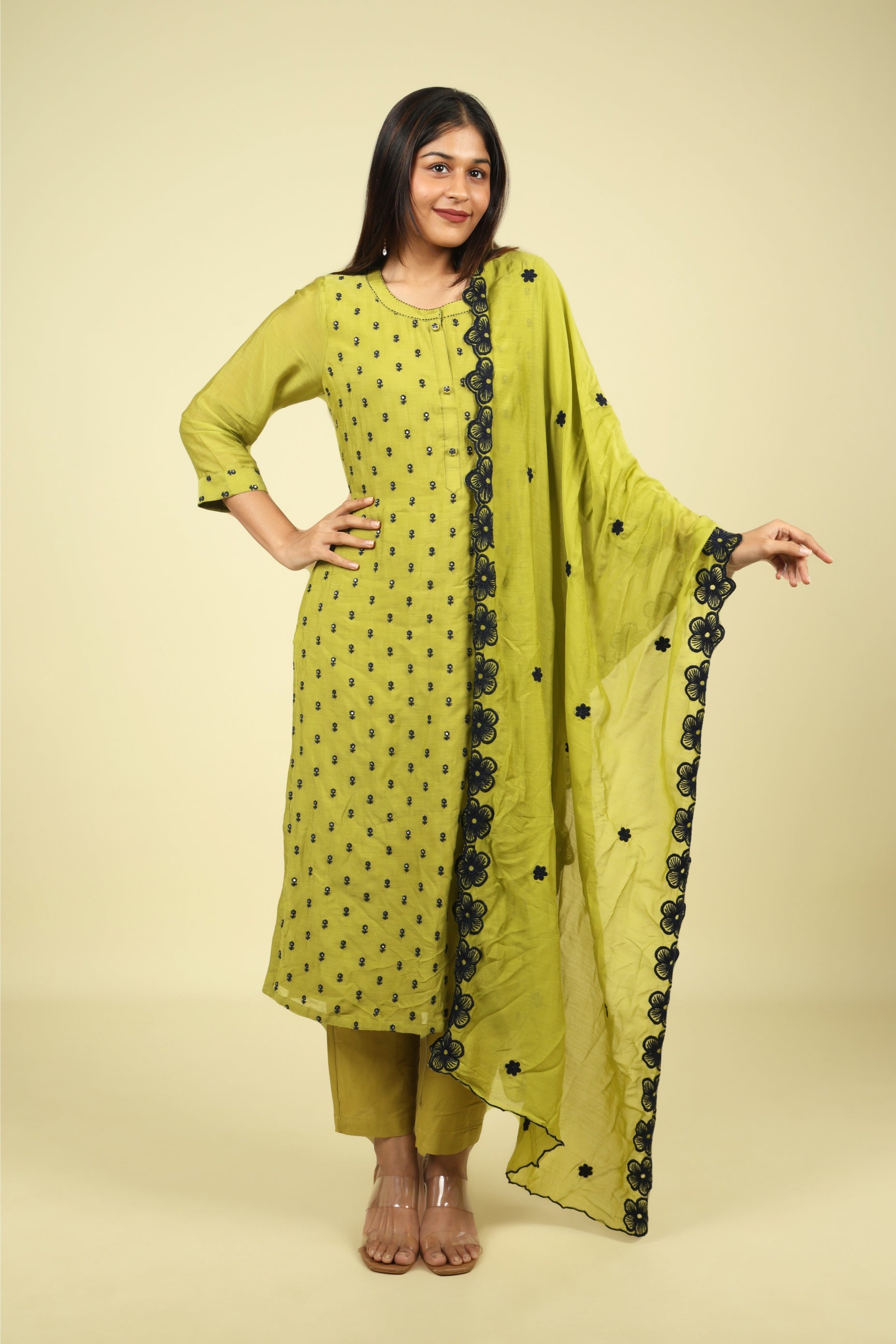 Olive Green Mul Chanderi Straight Cut Salwar Set with Navy Thread Embroidery - Mokshaa