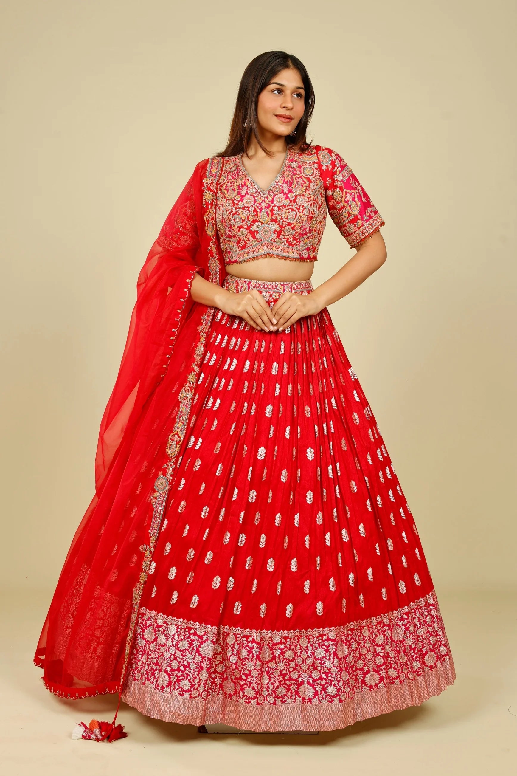 Red & Pink Banarasi Silk Lehenga Set with Zari & Sequin Embroidery - Mokshaa
