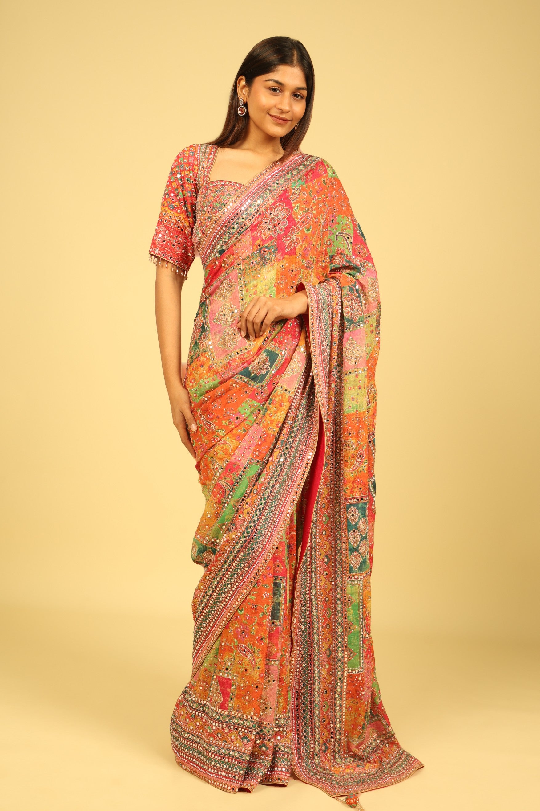 Multicolour Soft Georgette Saree with Digital Print, Sequin & Mirror Highlights - Mokshaa