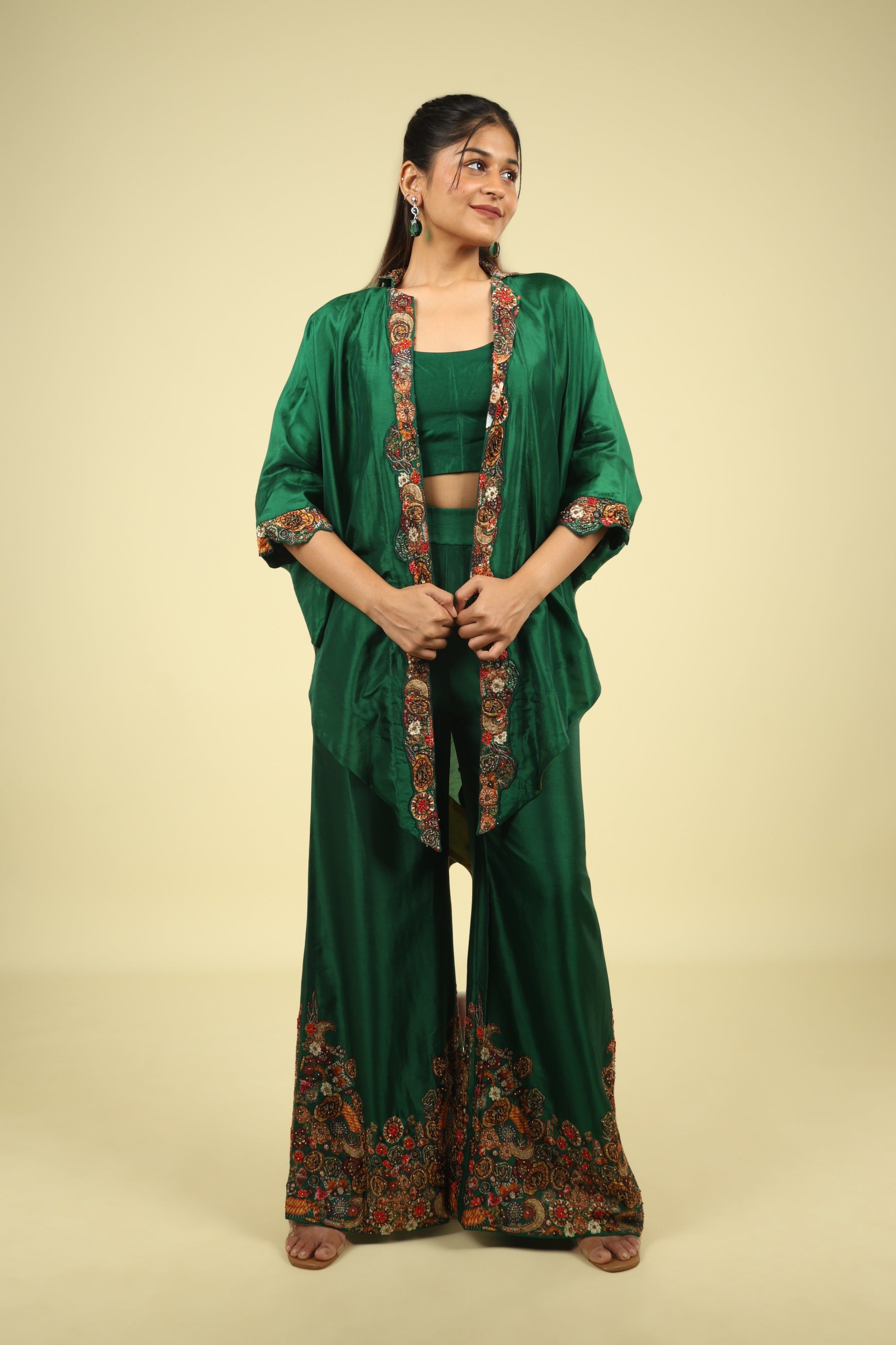 Green Silk Co-Ord Set with Placement Print & Metallic Embroidery - Mokshaa