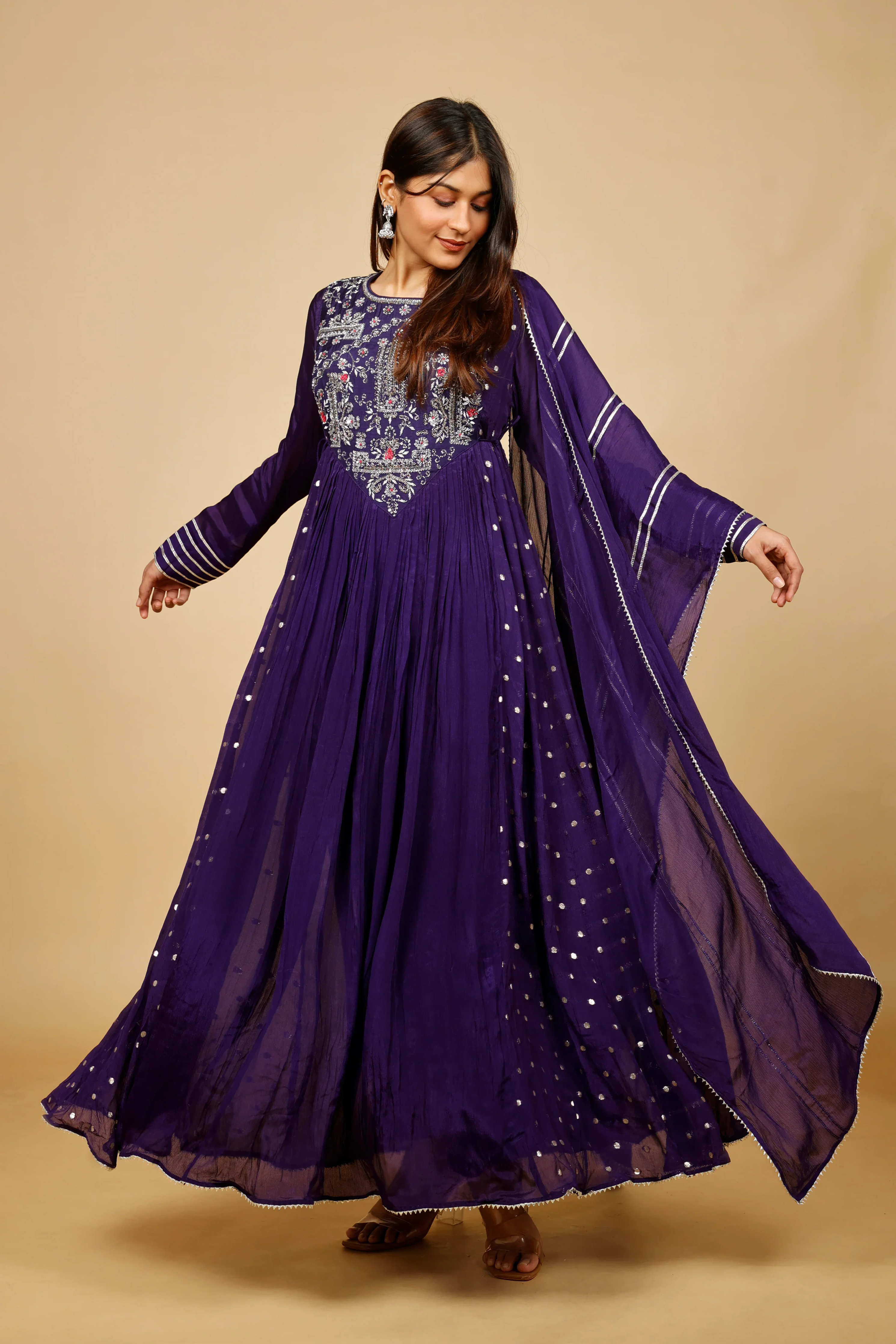 Royal Purple Silk Anarkali Set with Gota & Kutdana Embroidery - Mokshaa