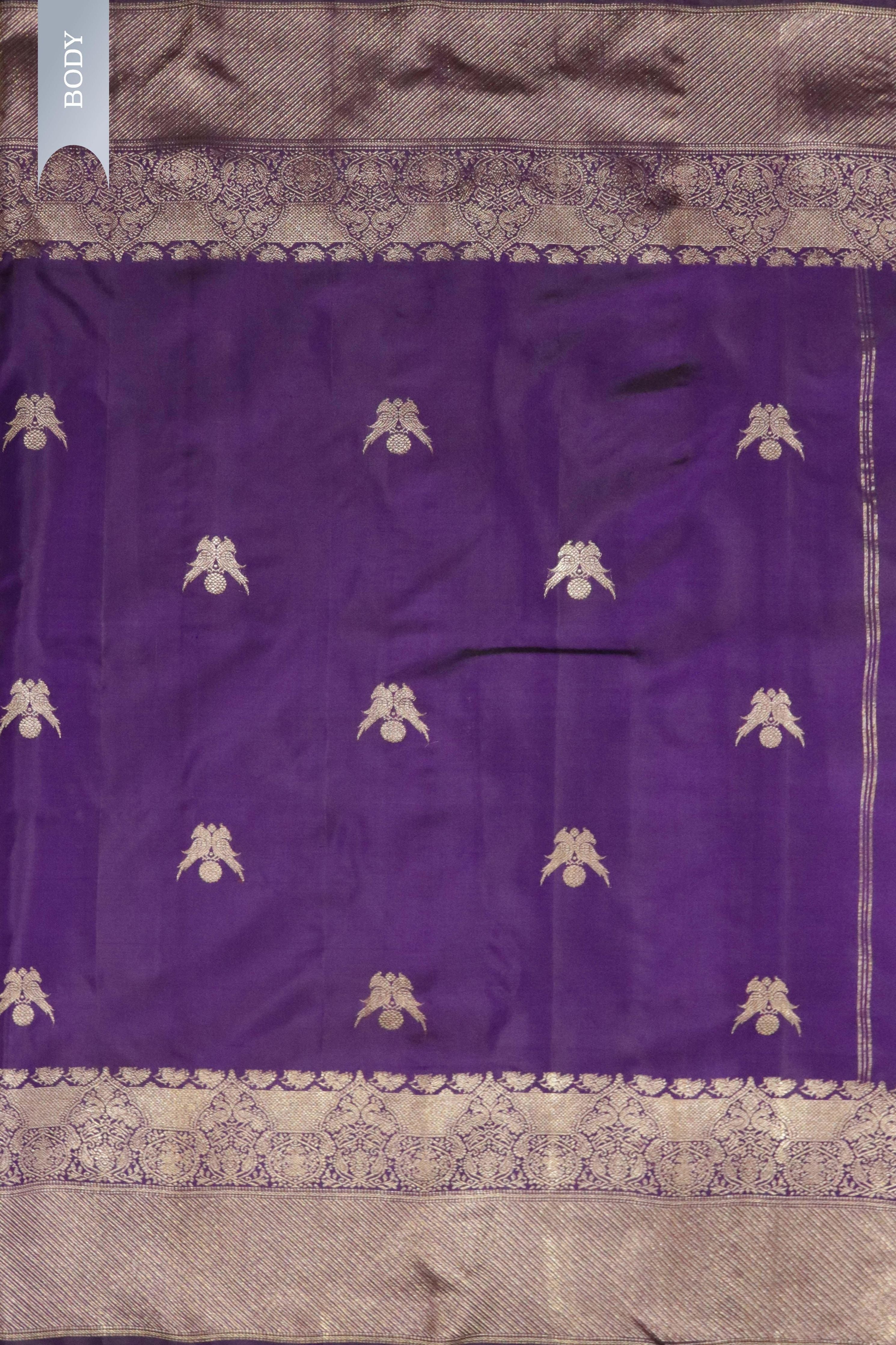 Purple Kanchipuram Silk Saree with Parrot Zari Motifs & Zari Weaving Border - Mokshaa