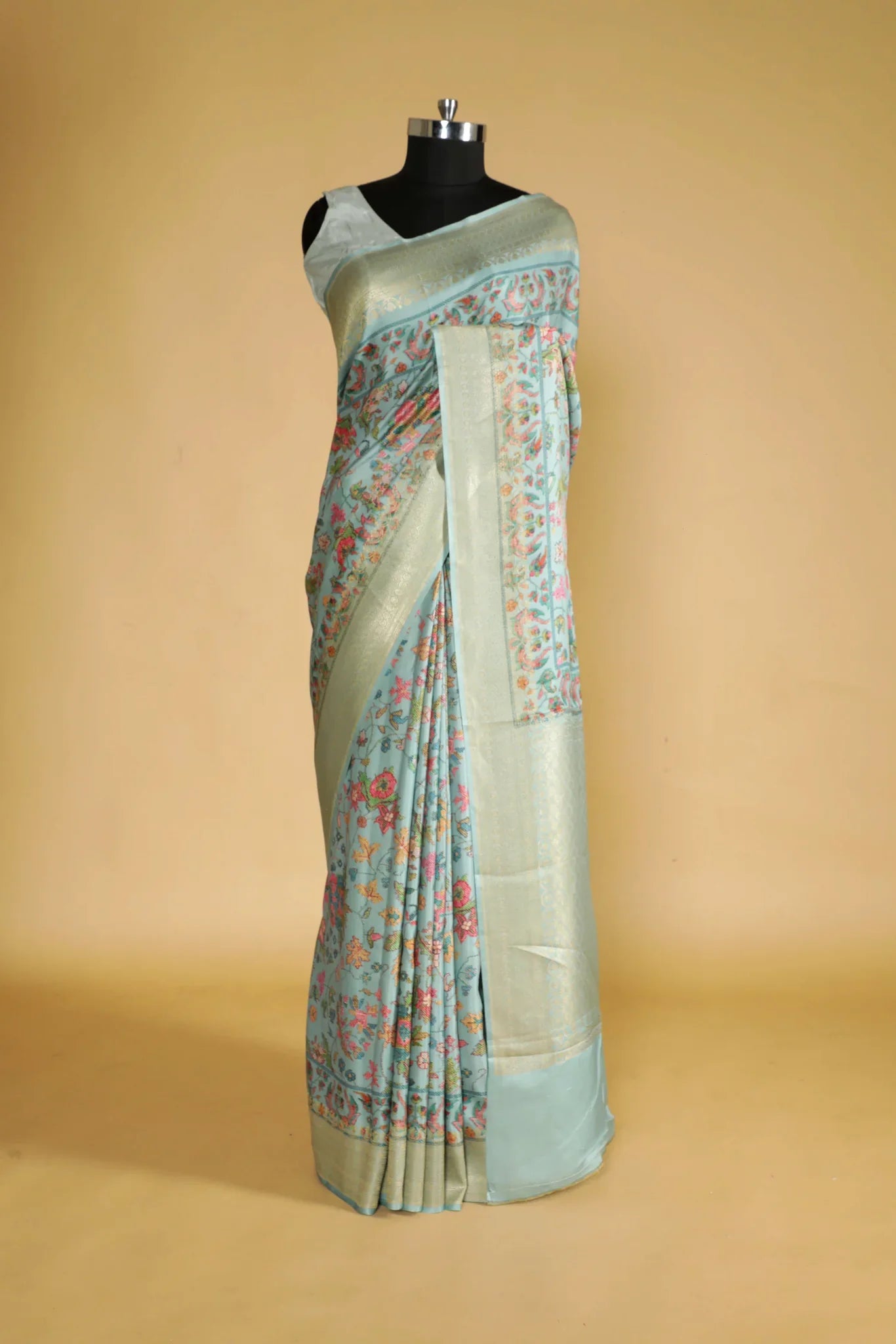 Turquoise Blue Banarasi Satin Silk Saree with All-Over Digital Print & Zari Border - Mokshaa